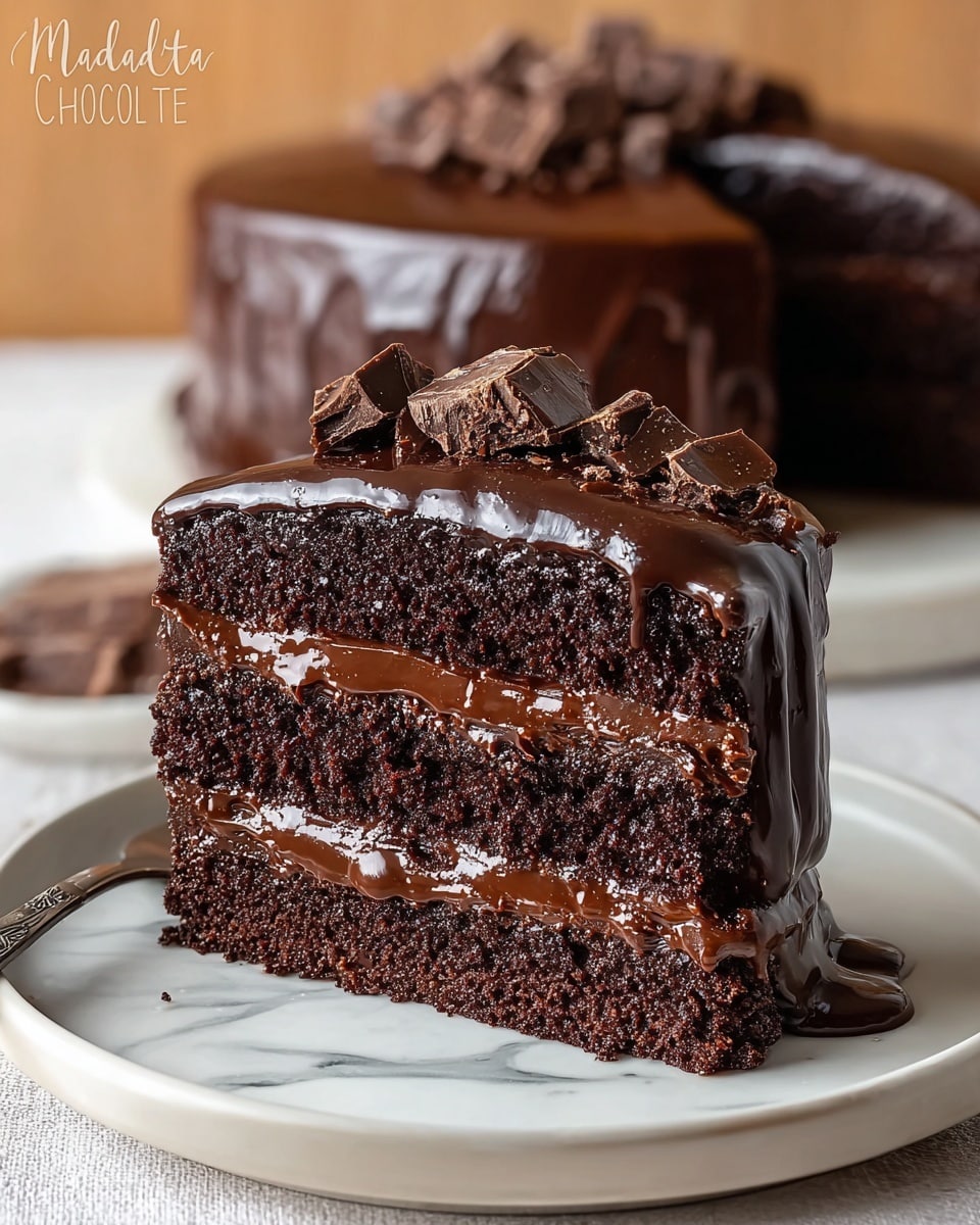 A close-up of a two-layer chocolate cake slice on a white plate with a white marbled texture underneath, each dark brown layer looking moist and soft with a thick glossy chocolate filling between them; the top is covered in a smooth, shiny chocolate glaze that drips slightly down the sides, topped with chunky, rough pieces of broken chocolate; in the blurred background, the rest of the whole cake matching the slice sits on a white plate with the same white marbled texture beneath, with part of the cake missing revealing its rich layers. Photo taken with an iphone --ar 4:5 --v 7