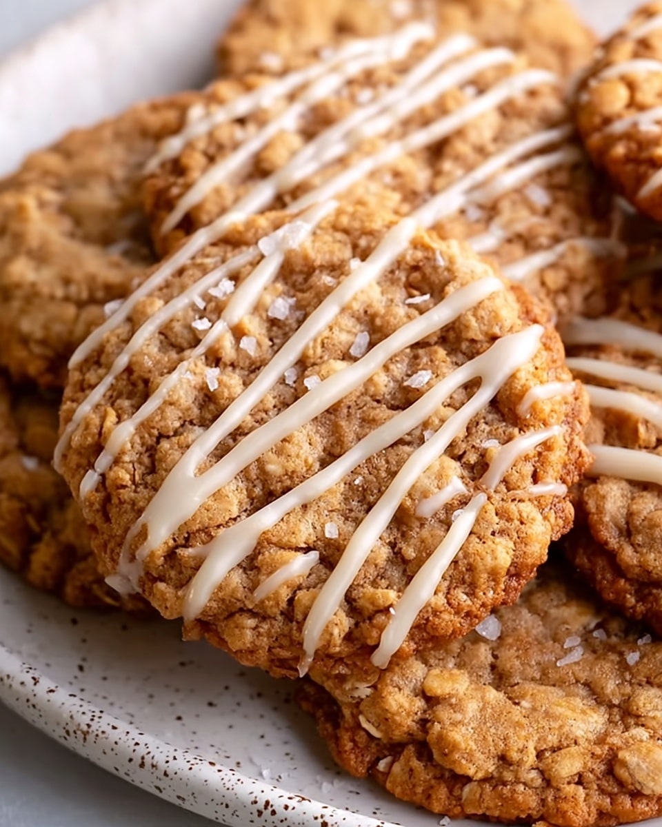 A close-up view of several oatmeal cookies stacked closely together on a white plate with a speckled pattern, placed on a white marbled surface. The top cookie is a golden-brown color with a rough, bumpy texture characteristic of oats, and it is decorated with thin, creamy white icing drizzled in parallel lines across the surface. Small flecks of coarse sea salt are lightly scattered over the icing, adding contrast and texture. The surrounding cookies peek out with similar golden hues and slightly crinkled, crispy edges, enhancing the inviting homemade look. photo taken with an iphone --ar 4:5 --v 7
