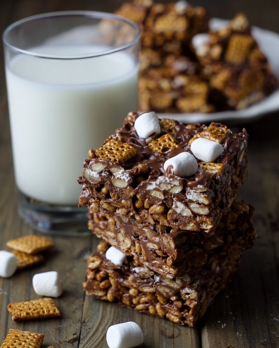 The image shows a stack of two square dessert bars made from small cereal squares covered in chocolate, with small white marshmallows scattered within the mix. The top bar has a rough texture with visible cereal squares and marshmallows coated in shiny chocolate, creating a dark brown and tan color contrast. Next to the stack is a clear glass filled with white milk, placed on a wooden surface. In the background, part of a white plate holding more of the dessert bars can be seen, and a few cereal squares and marshmallows are scattered around. The scene is very detailed and close up, focusing on the rich, textured layers of the dessert. Photo taken with an iphone --ar 4:5 --v 7