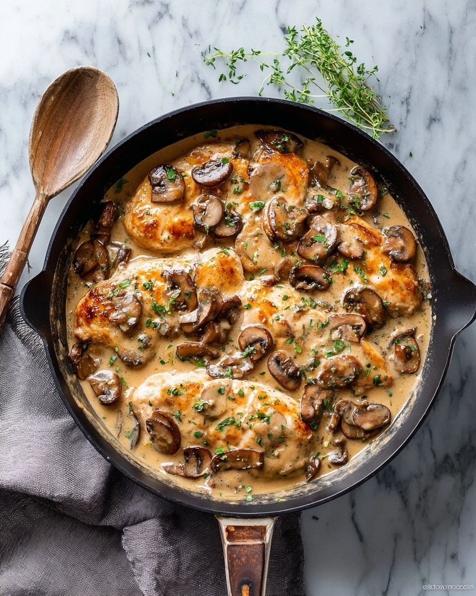 A black skillet filled with five golden-brown cooked chicken breasts, each partly covered in a thick creamy light brown sauce with visible textures. The dish is topped with browned sliced mushrooms scattered evenly across the surface. Small green herb sprigs and finely chopped parsley are sprinkled on top, adding a fresh contrast. The skillet rests on a white marbled surface, with a folded grey cloth and a wooden-handled spoon close to it. A small green herb sprig lies nearby on the white marbled background. Photo taken with an iphone --ar 4:5 --v 7