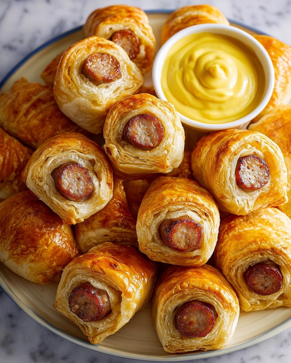 A white plate filled with many puff pastry sausage rolls, each roll showing a flaky, golden brown outer layer with visible crisp layers, and a browned sausage piece in the center, glistening with slight oiliness. Alongside the sausage rolls is a small white cup filled with smooth yellow mustard sauce, neatly swirled on the top. The background surface is a white marbled texture, enhancing the warm tones of the sausage rolls. photo taken with an iphone --ar 4:5 --v 7