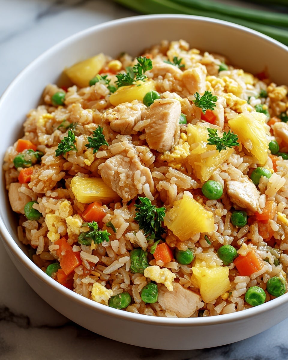 A white bowl filled with a colorful mix of fried rice showing three main layers: at the base, cooked light brown rice grains form a soft, textured layer; scattered throughout are bright green peas and small orange carrot cubes adding bursts of color; on top, golden-yellow pineapple chunks and light tan pieces of cooked chicken are mixed evenly, all garnished with small bits of fresh green herbs. The bowl sits on a white marbled surface, with some green onions blurred in the background. photo taken with an iphone --ar 4:5 --v 7
