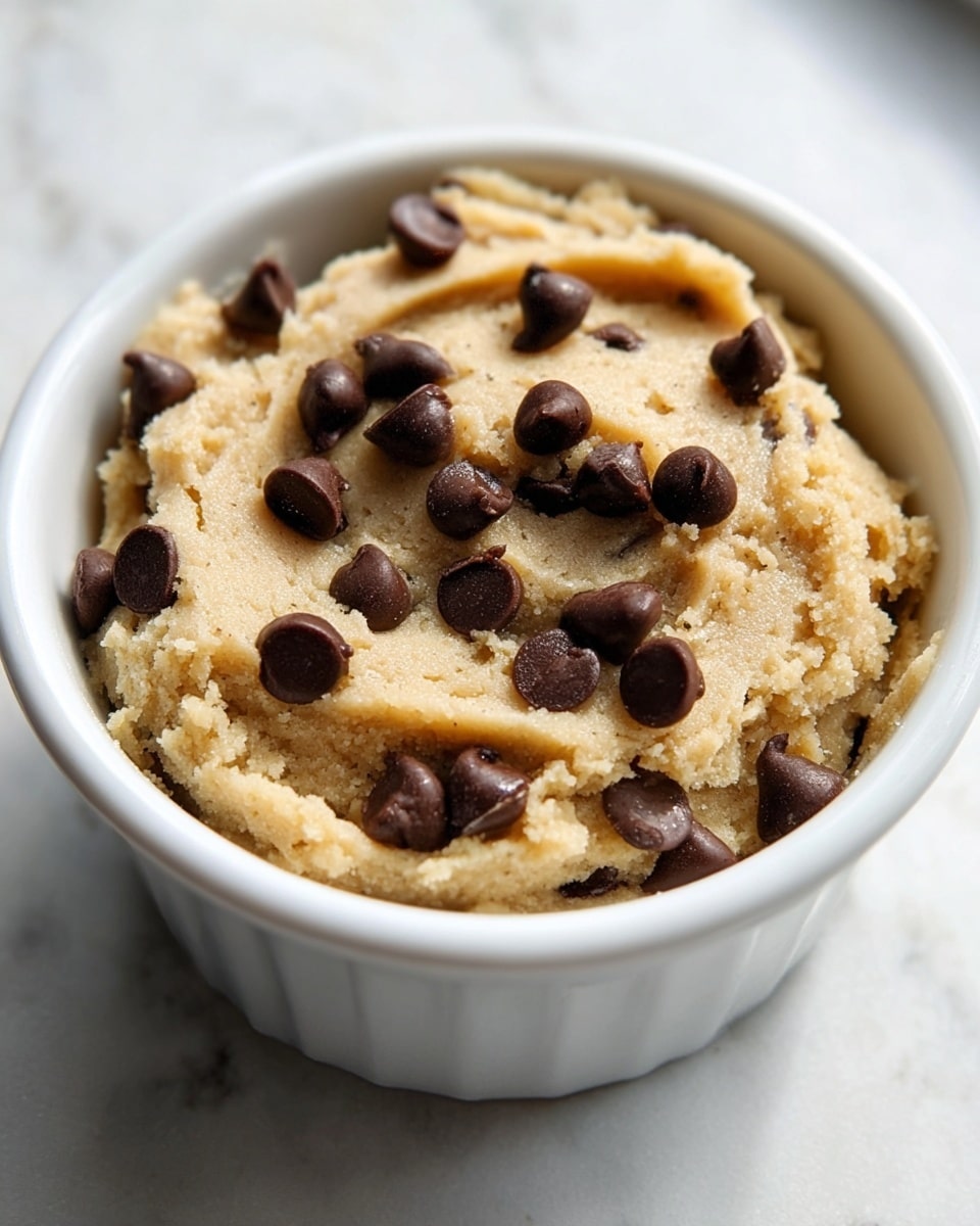 A small white ramekin filled with a single thick layer of light beige cookie dough, textured with visible small grains and slightly rough swirls on the surface. Scattered on and slightly pressed into the dough are many small, dark brown chocolate chips with a shiny finish. The ramekin sits on a white marbled surface, and natural light highlights the texture and color contrast between the dough and chocolate chips. photo taken with an iphone --ar 4:5 --v 7