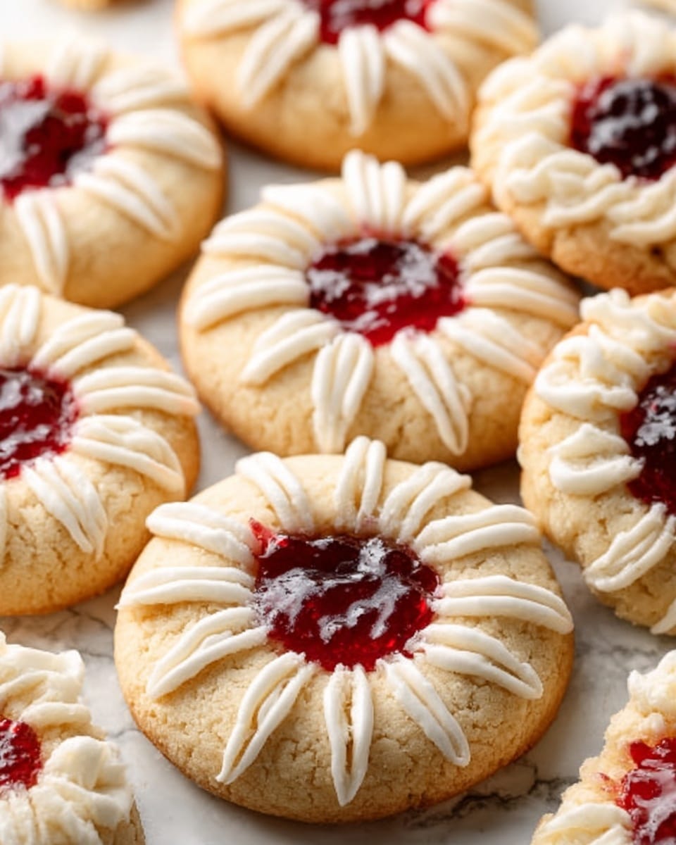 A close-up view of several round cookies arranged closely on a white marbled surface. Each cookie has a pale beige dough base with a slightly crispy texture and a small well in the center filled with glossy, deep red jam. Thick, white icing is piped evenly in a star pattern around the jam, creating a striking contrast with the jam and dough. The cookies catch soft, natural light, highlighting their smooth icing and shiny jam centers. photo taken with an iphone --ar 4:5 --v 7