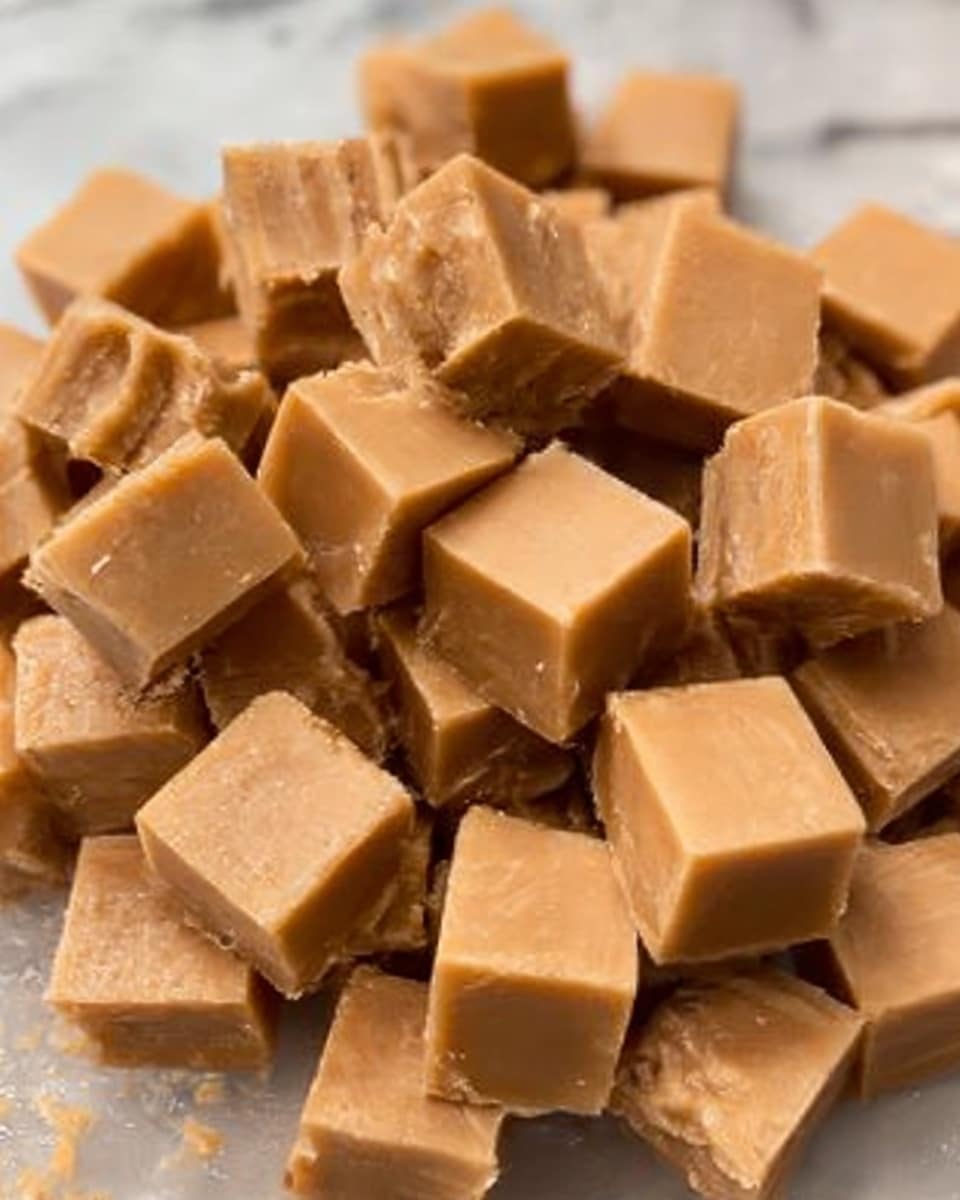 The image shows many small, square pieces of light brown fudge stacked unevenly on a clear glass surface. Each fudge piece has a smooth yet slightly crumbly texture with sharp clean edges. The warm caramel color is consistent throughout each cube, with some pieces resting on top of others in a casual pile. The background features a white marbled pattern, adding a clean and bright contrast to the rich brown tones of the fudge. Photo taken with an iphone --ar 4:5 --v 7