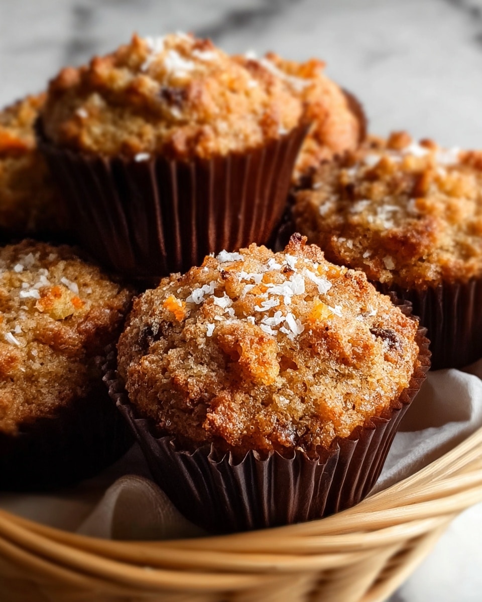 The image shows a close-up of five textured muffins arranged inside a basket with the focus on one muffin in the center. Each muffin has a rough, golden brown surface with bits of darker and orange pieces, topped with a few white flakes, possibly salt or sugar crystals. The muffins are in dark brown ridged paper liners. The background is softly blurred to highlight the muffins’ details, and a white marbled texture is implied behind the basket. photo taken with an iphone --ar 4:5 --v 7