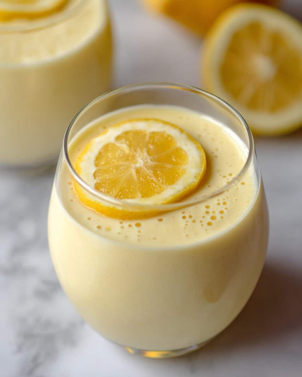 A close-up image of a creamy light yellow smoothie served in a clear glass with a rounded shape. On top of the smoothie, there are two thin lemon slices placed neatly, adding a bright yellow color accent with a slightly moist texture. The background is a white marbled surface, and there is a second glass blurred in the background. The smoothie has a smooth and slightly bubbly texture visible on its surface. photo taken with an iphone --ar 4:5 --v 7