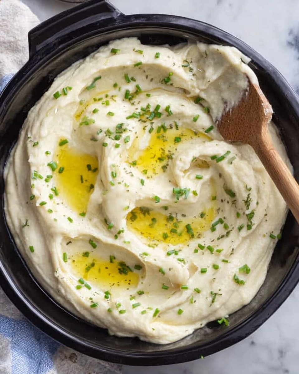 A close-up of a black bowl filled with creamy, smooth white hummus spread evenly inside. On top, there are several swirls creating small peaks and valleys, drizzled with golden olive oil pooled in the crests. Tiny green chives are sprinkled all over the hummus, adding texture and small color spots. A wooden spatula is partially dipped into the hummus, resting on the edge of the bowl. The bowl sits on a white marbled surface, with the edge of a white and blue cloth barely visible nearby. Photo taken with an iphone --ar 4:5 --v 7
