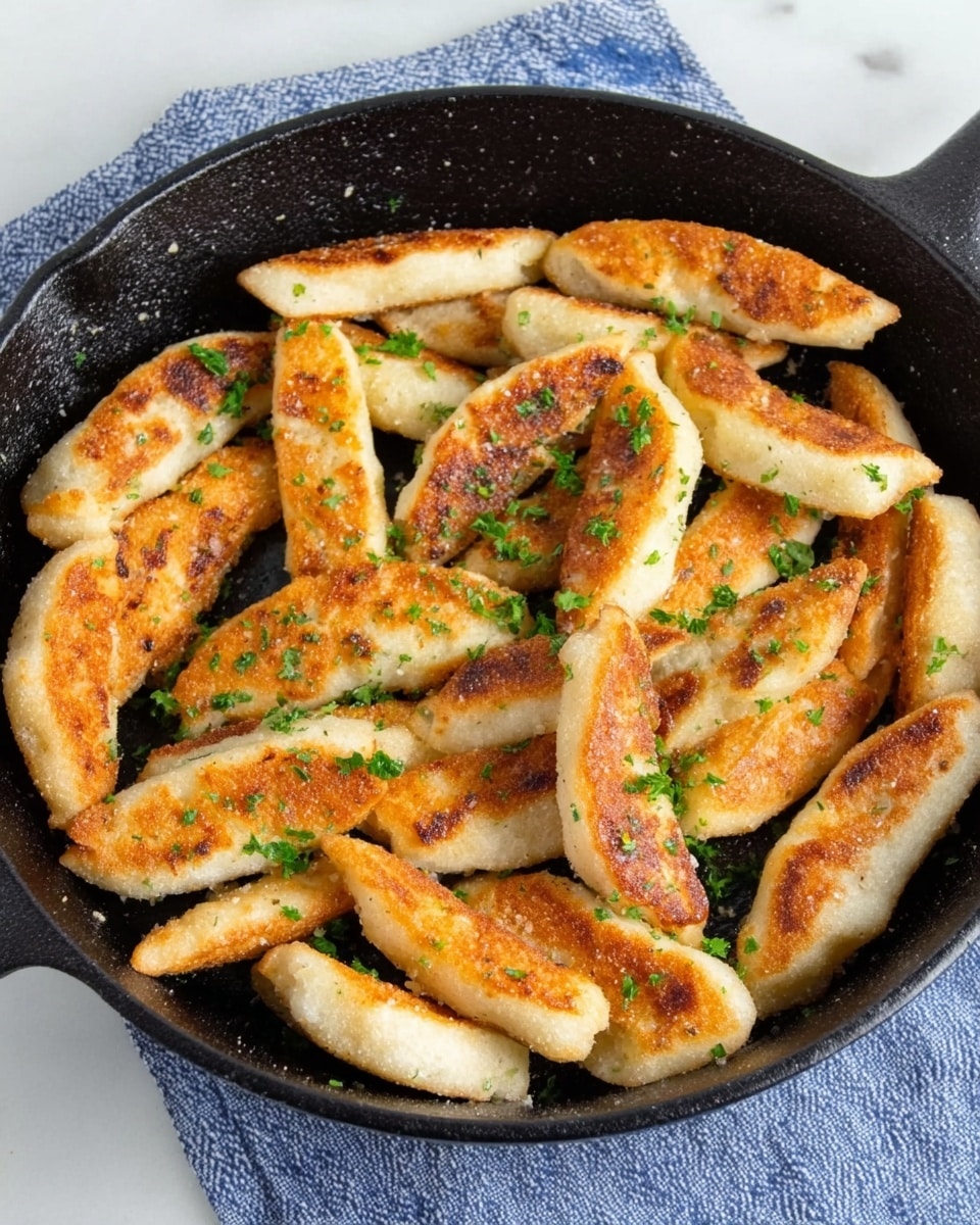 A black cast iron pan filled with about twenty long, golden-brown fried sticks that have a crunchy outer layer and smooth texture, lightly sprinkled with small pieces of chopped green herbs, all sitting on a white marbled surface. Photo taken with an iphone --ar 4:5 --v 7