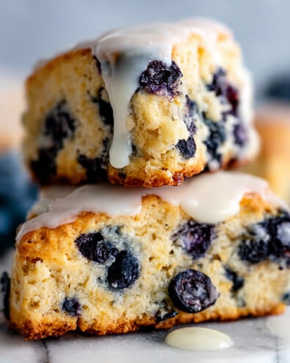 The image shows two thick square pieces of blueberry scone stacked on a white marbled surface. Each scone has a golden-brown crust with a soft, light beige interior dotted with whole dark purple blueberries. The top piece is drizzled with a smooth white icing that flows slightly over the edges. The texture looks crumbly and moist with visible blueberries inside. The background has a soft out-of-focus light blue cloth. photo taken with an iphone --ar 4:5 --v 7