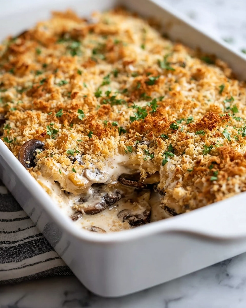 A white rectangular baking dish filled with a creamy baked casserole that has three visible layers: a top golden-brown crumbly crust with small bits and light green herb sprinkles, a middle layer of creamy sauce mixed with dark brown mushroom slices, and a lower layer that looks soft and cheesy underneath. The corner of the casserole is scooped out slightly, showing the thick creamy texture inside. The dish is placed on a white marbled surface with a dark cloth partially visible on one side. Photo taken with an iphone --ar 4:5 --v 7