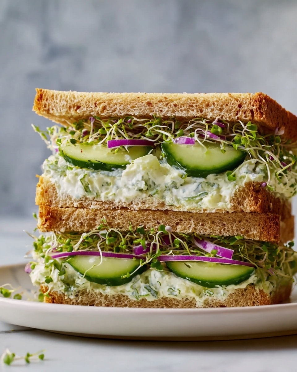 A close-up view of a sandwich cut in half and stacked, showing three layers: the top and bottom layers are golden-brown toasted whole grain bread with a slightly rough texture, the middle layer is a creamy mixture with visible slices of green cucumber and some fresh green herbs, topped with thin slices of purple-red onion and a generous layer of green sprouts that peek out slightly. The sandwich is placed on a white plate set on a white marbled surface with a soft, neutral gray background. photo taken with an iphone --ar 4:5 --v 7