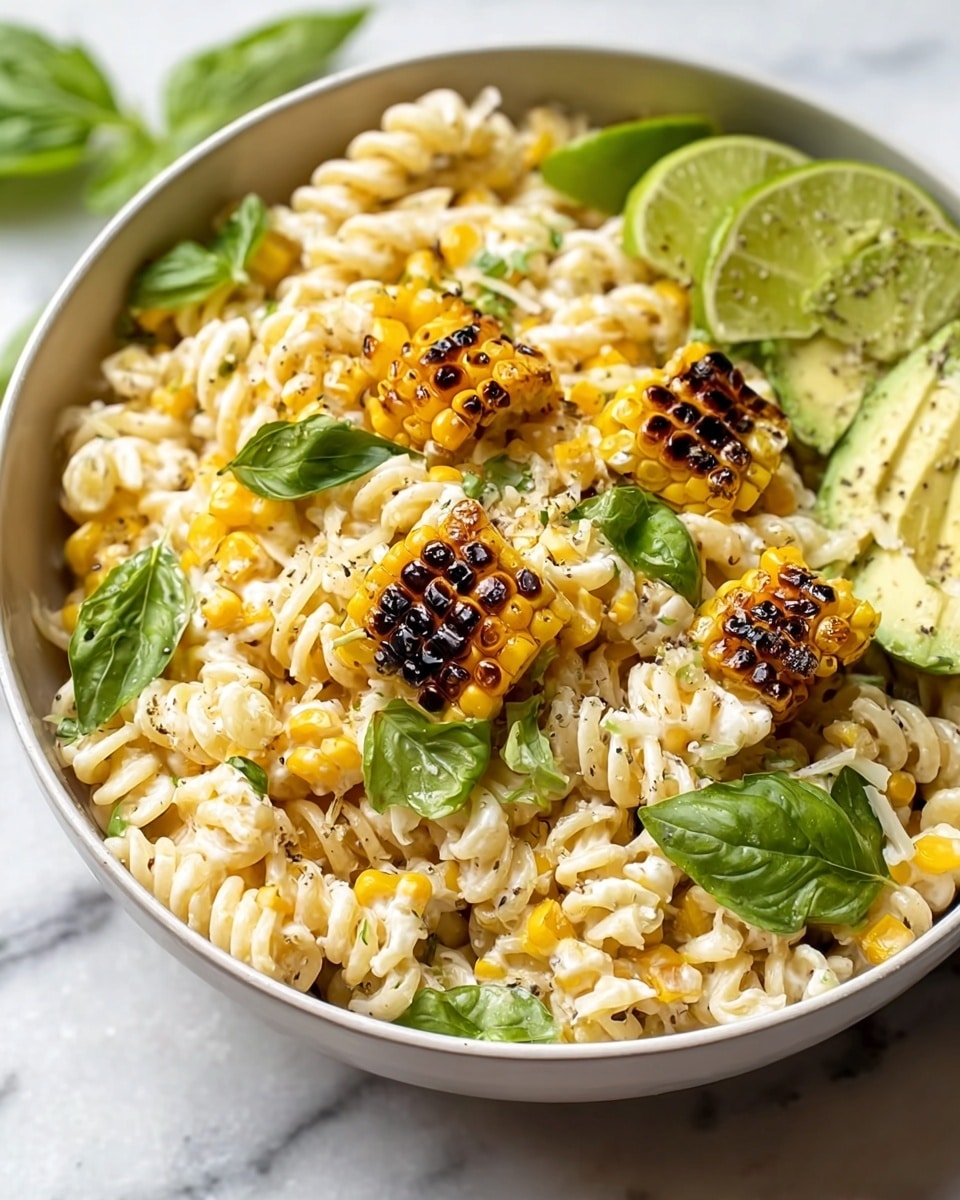 A white bowl filled with a creamy pasta salad made of spiral rotini pasta mixed with yellow corn kernels scattered throughout. There are several small, grilled corn pieces with dark charred lines adding a rich brown color on top of the pasta. Fresh green basil leaves are placed around the bowl, adding spots of deep green color. On one side, three lime wedges rest above the pasta layers. Also seen are slices of soft avocado with a light green shade, slightly sprinkled with black pepper. The background is a white marbled surface. Photo taken with an iphone --ar 4:5 --v 7