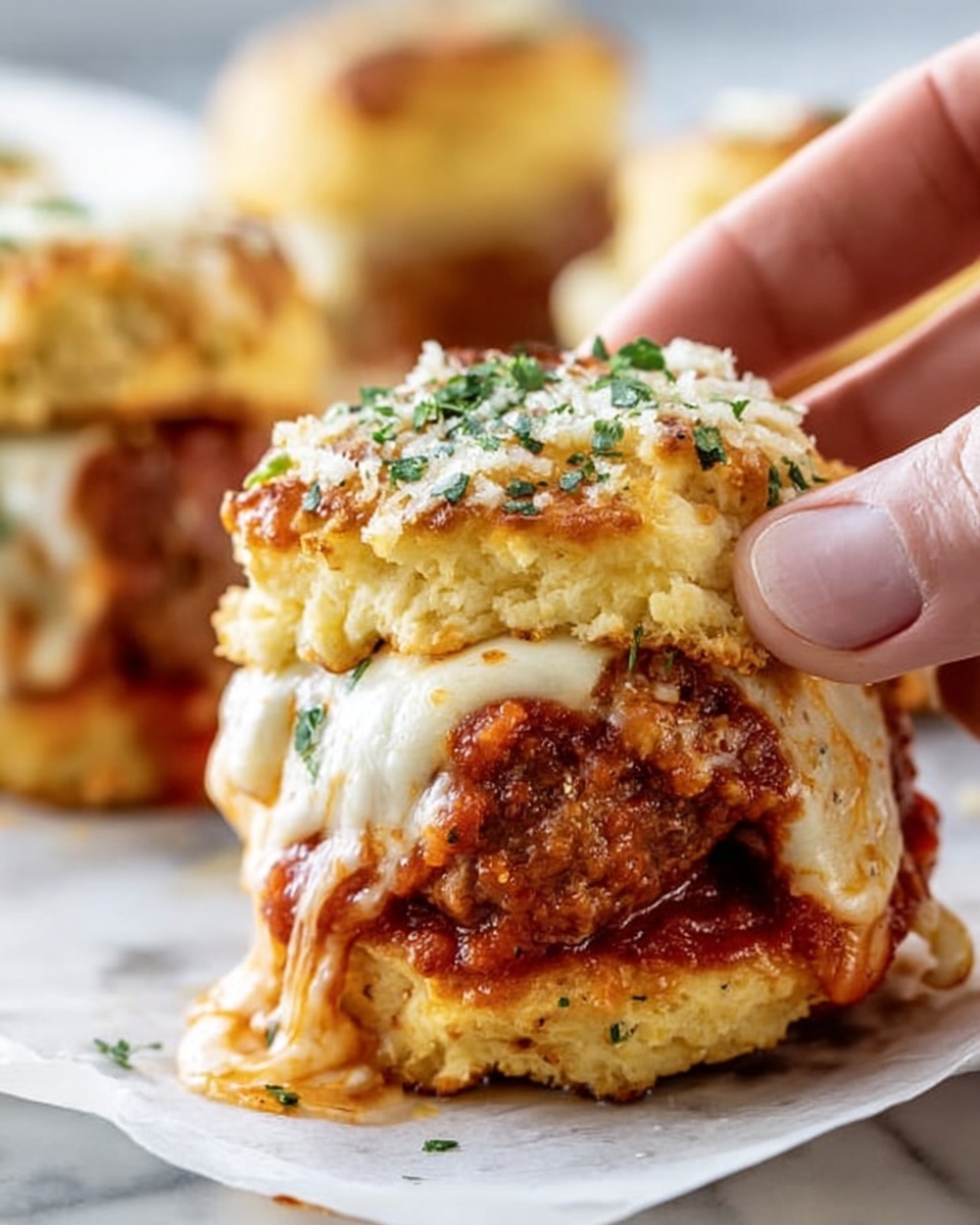 A close-up image of a small sandwich being held by a woman's hand, featuring a golden, slightly crispy biscuit top sprinkled with green herbs. Beneath the biscuit top is a layer of melted white cheese soft and slightly dripping over a thick, textured layer of rich, red meat sauce mixed with ground meat. The bottom biscuit layer is golden and fluffy, supporting the filling. The sandwich sits on white parchment paper over a white marbled surface with blurred background sandwiches visible. The cheese drips slightly to the side, showing a gooey texture. Photo taken with an iphone --ar 4:5 --v 7