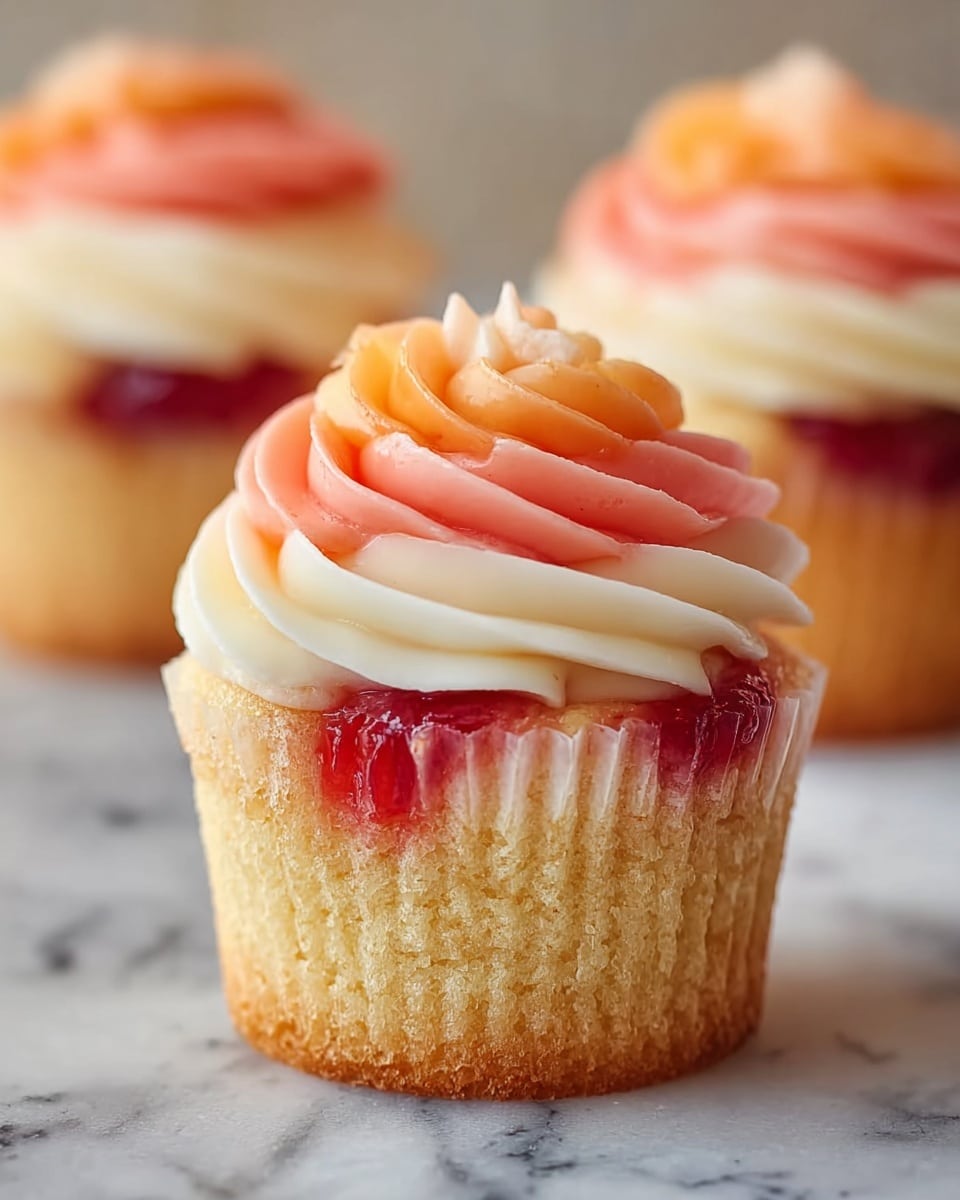 The image shows a close-up of a cupcake with three main layers: the bottom layer is a golden-brown cake with a soft and spongy texture, the middle layer is a visible ring of red jam slightly oozing inside the cupcake liner, and the top layer is a swirl of creamy frosting in three colors—white, peach, and light coral—blended smoothly into each other in a rose-like pattern. The cupcake is placed on a white marbled surface with two more cupcakes blurred softly in the background. photo taken with an iphone --ar 4:5 --v 7