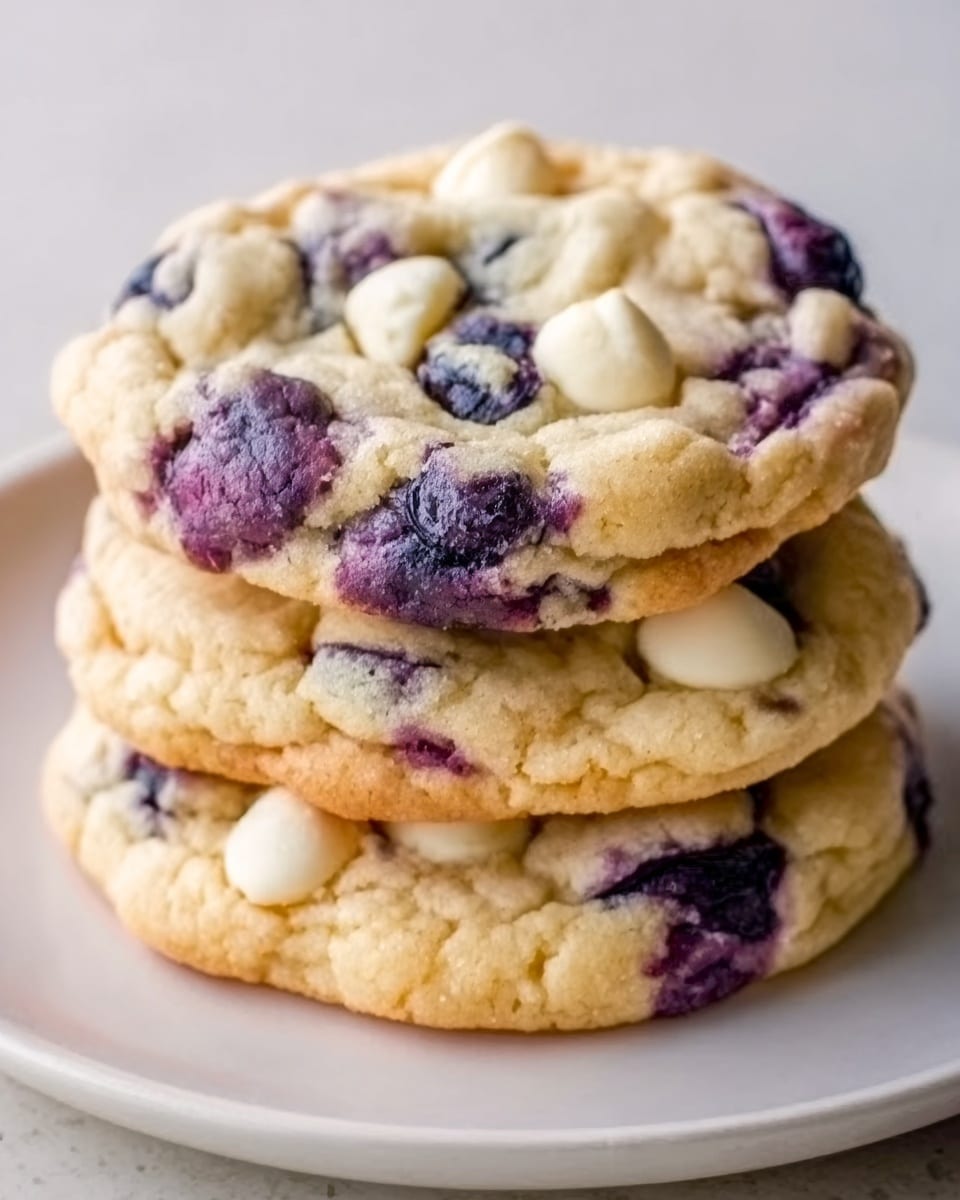 A close-up view of a stack of three soft cookies placed on a white marbled surface, each cookie showing a light golden-brown color with visible cracks and a slightly chewy texture. The top cookie is layered with large, plump blueberries, some slightly bursting and releasing deep purple juice, and small white chocolate chips scattered across the surface, adding contrast. The blueberries and chips are evenly distributed, giving the cookies a textured look with smooth and shiny patches of melted chocolate. Photo taken with an iphone --ar 4:5 --v 7