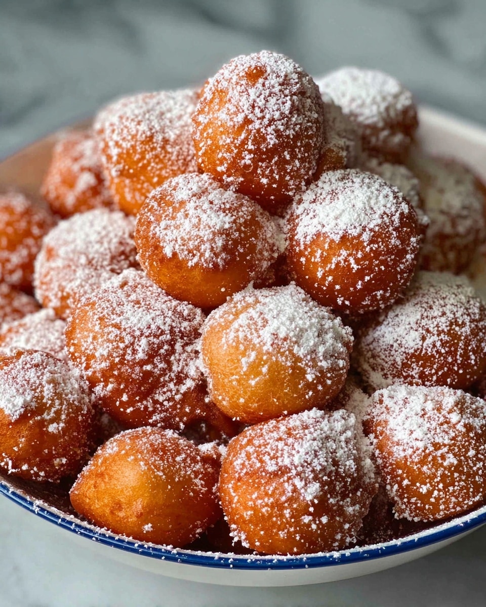 A white bowl filled with many small, round, golden brown fritters, each dusted with a light layer of white powdered sugar, creating a soft contrast against the warm fried texture, with the pile heaped high and some fritters resting on top of others, set against a white marbled surface. photo taken with an iphone --ar 4:5 --v 7
