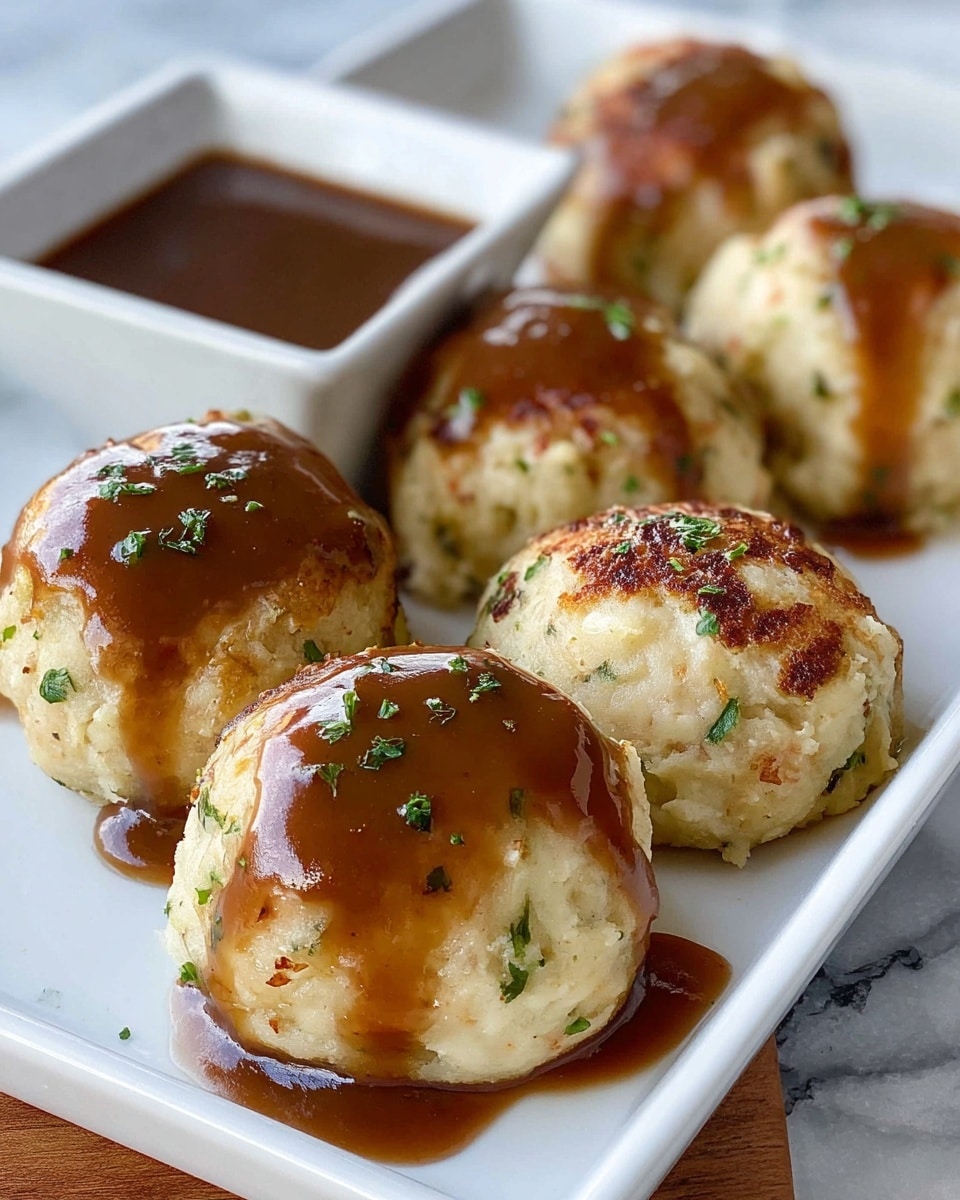 A white rectangular plate holds six round, golden-brown mashed potato balls with flecks of green herbs throughout, some with a slightly crisped, browned outer layer and others smoother and lighter in color. Each ball is topped or partially covered with a thick, light brown gravy that glistens under the light. To the left of the plate, a white rectangular dish contains a darker brown sauce. The plate is placed on a white marbled surface with a subtle texture. photo taken with an iphone --ar 4:5 --v 7