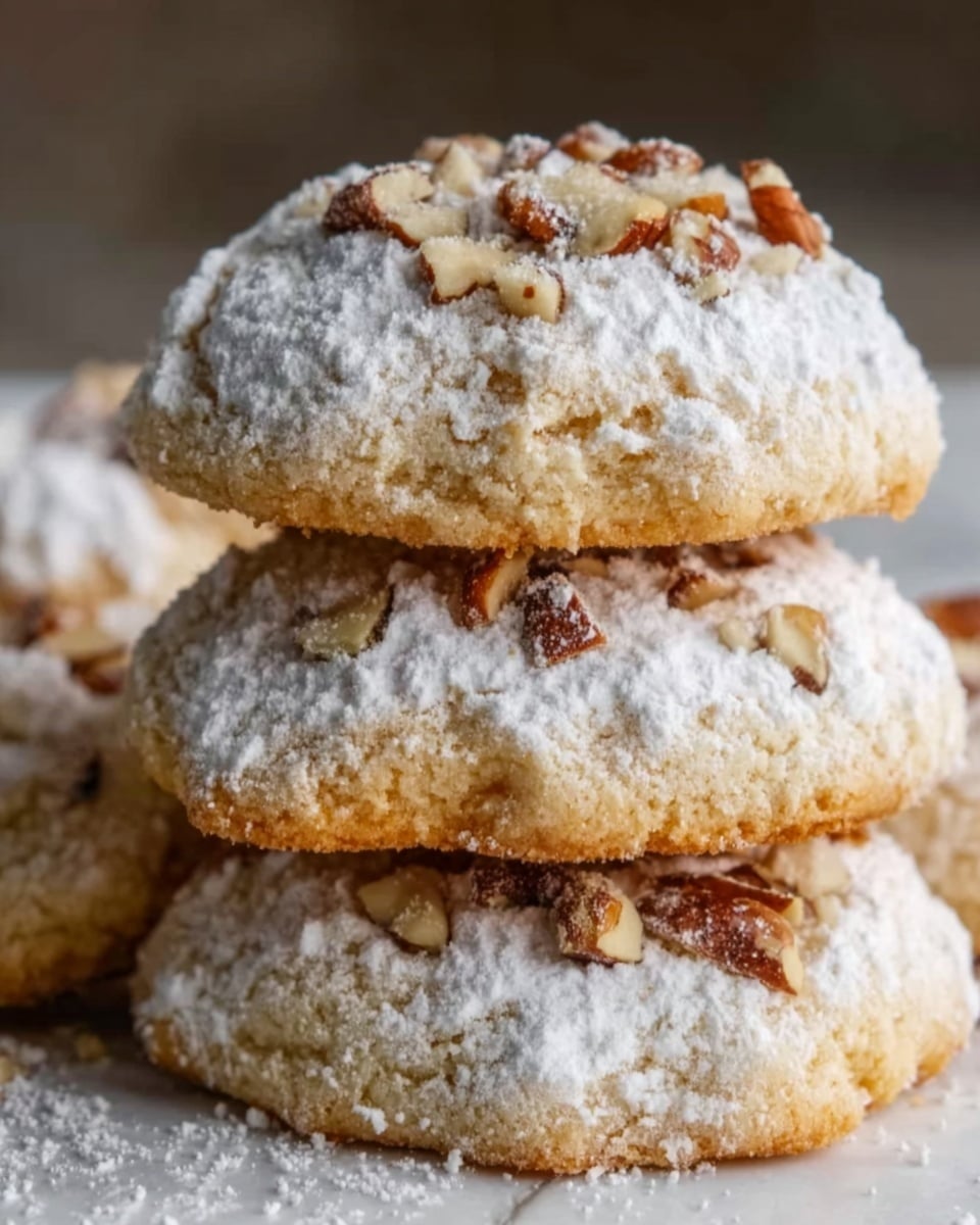 A stack of four soft, round cookies with a light golden brown color sitting on a white marbled surface. Each cookie has a dusting of white powdered sugar on top, giving a slightly powdery texture. Small pieces of chopped nuts, light brown and slightly rough in texture, are scattered on the top of the upper cookie. The cookies look soft and crumbly with a slight dome shape. photo taken with an iphone --ar 4:5 --v 7