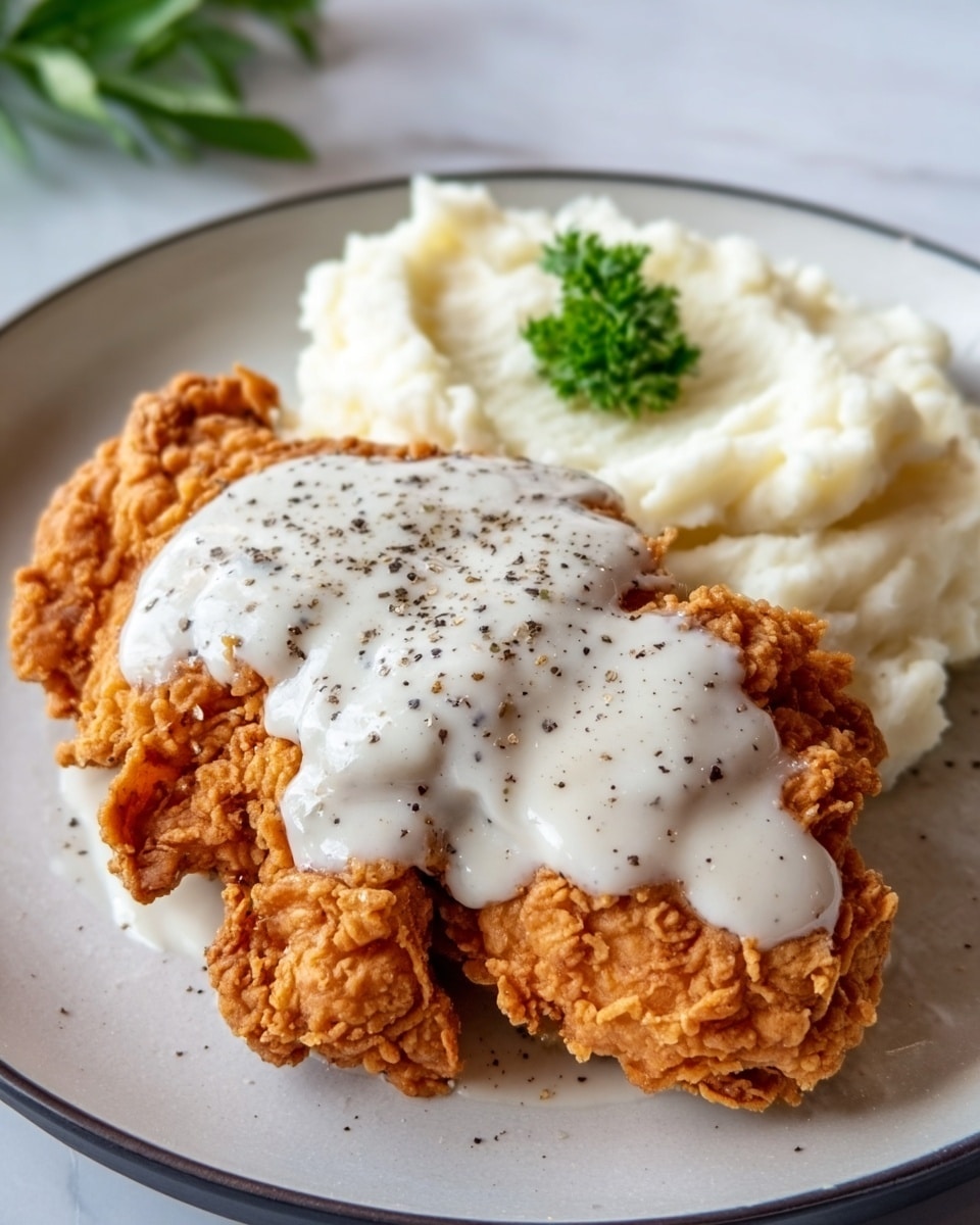 The dish shows two pieces of crispy fried chicken with a golden-brown crunchy texture placed on the left side of a white plate. On top of the chicken, there is a creamy white gravy sauce with small chunks, sprinkled with black pepper. Next to the chicken on the right side, there is a serving of smooth, white mashed potatoes with a light, fluffy texture. The plate sits on a white marbled surface with some green leaves around the edges in the background. Photo taken with an iphone --ar 4:5 --v 7