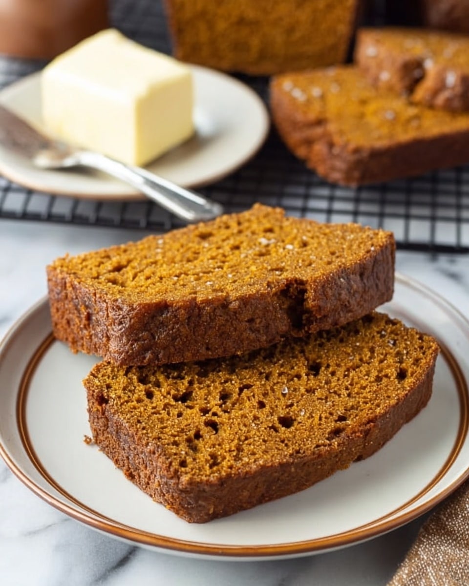 Two slices of brown, moist pumpkin bread with a slightly cracked crust are stacked on a white plate with a thin dark brown rim, placed on a black wire cooling rack over a white marbled surface. In the background, a slice of the same bread is visible beside a small white plate holding a yellow butter block and a silver butter knife. Cinnamon sticks rest near the plate, adding a warm, cozy touch. Photo taken with an iphone --ar 4:5 --v 7