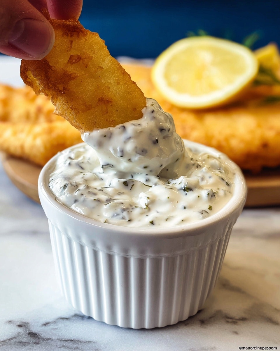A close-up image shows a golden-brown battered fish strip being dipped by a woman's hand into a small white ribbed ramekin filled with thick, creamy tartar sauce that has visible chunks of pickles and herbs mixed in, creating a textured white and green speckled surface; in the blurred background, there is a golden fried fish fillet resting on a white marbled surface with a lemon wedge beside it. photo taken with an iphone --ar 4:5 --v 7
