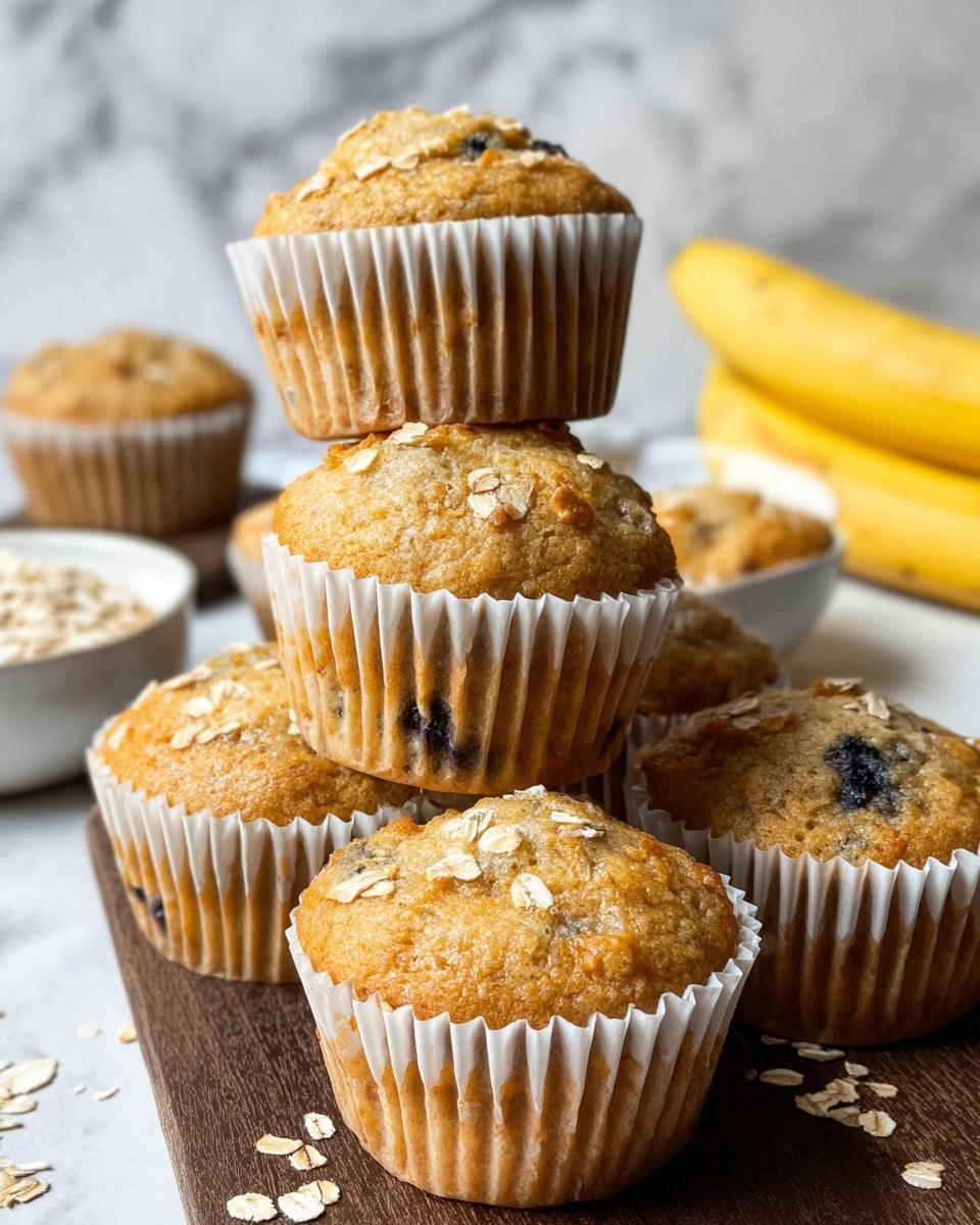 The image shows seven golden-brown muffins topped with light brown oat flakes scattered over their slightly cracked tops, each muffin wrapped in white paper liners. The muffins are placed on a dark wooden surface with additional oat flakes scattered around them. In the background, three bright yellow bananas rest, slightly out of focus, along with a white bowl filled with pale oat flakes and a white bowl holding a sliced muffin piece. The scene is softly lit, enhancing the warm, cozy look of the muffins against a white marbled textured background. Photo taken with an iphone --ar 4:5 --v 7