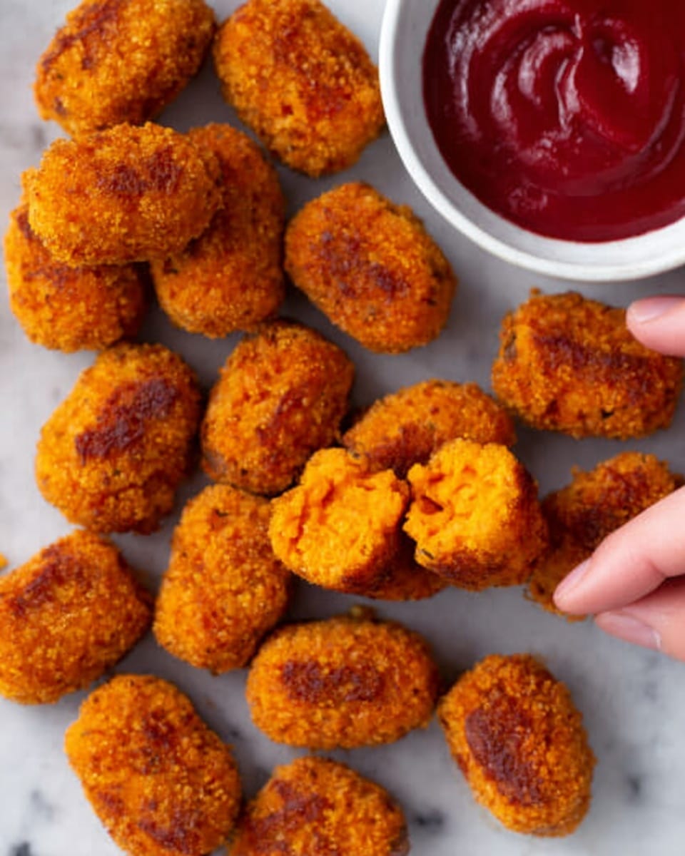 The image shows many small, oblong sweet potato croquettes scattered on a white marble surface. Each croquette has a golden orange outer layer with a slightly crispy texture and visible grill marks. One croquette is broken open, revealing a soft, smooth, and bright orange interior. To the side, there is a small white bowl filled with a red dipping sauce, which looks thick and smooth. A woman's hand is holding one croquette near the sauce as if about to dip it. The lighting highlights the warm colors and textures clearly, making the food look fresh and tasty. Photo taken with an iphone --ar 4:5 --v 7
