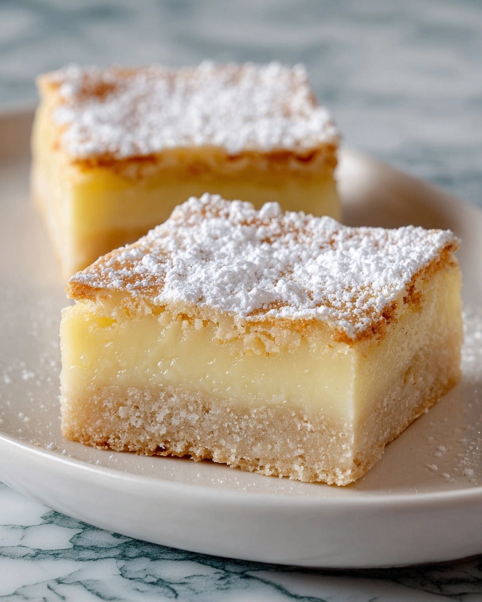 Two square dessert bars sit on a white plate over a white marbled texture surface. Each bar has three layers: the bottom layer is a light brown dense crust, the middle layer is a creamy pale yellow filling with a smooth texture, and the top layer is powdered sugar dusted heavily, giving a white, fine powdered look. The edges of the bars are clean and straight, showing the clear contrast between the layers. photo taken with an iphone --ar 4:5 --v 7