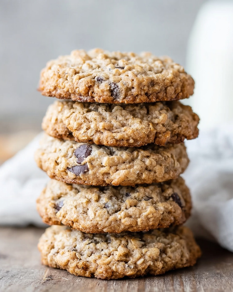 A close-up image of a stack of four thick oatmeal cookies with visible chocolate chips and oats, each cookie showing a rough, crumbly texture with a golden-brown color. The cookies are stacked directly on a wooden surface with a few scattered oats around. The background includes a soft, blurred light-colored fabric and a white marbled texture. The lighting highlights the uneven surface and chunks in the cookies, making them look soft and chewy. photo taken with an iphone --ar 4:5 --v 7