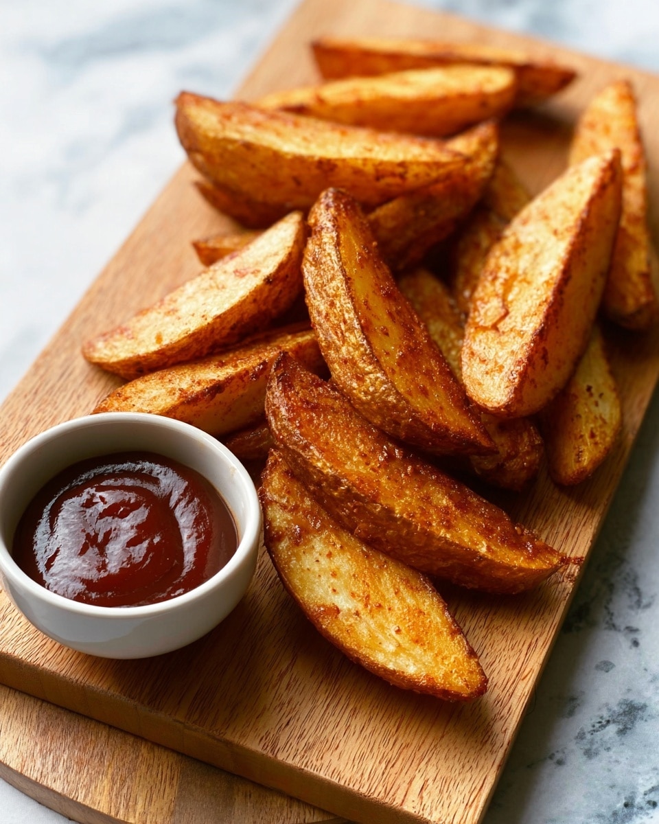A wooden board holds a pile of crispy potato wedges, each wedge thick with a golden brown surface and a rough, seasoned texture. The potato wedges are layered close together on the board, showing some darker browned spots and slightly curved shapes. At the bottom left corner, there is a small white bowl filled with a smooth, shiny dark red-brown ketchup sauce. The whole setup is on a white marbled surface, creating a clean and bright background. photo taken with an iphone --ar 4:5 --v 7