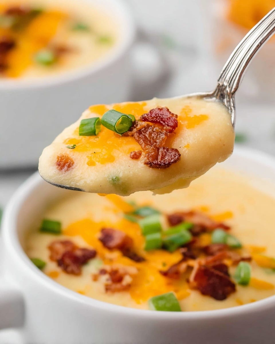A close-up view of a spoon holding creamy yellow soup with visible toppings including small pieces of brown crispy bacon, thin strips of orange cheddar cheese, and a bright green chopped scallion on top. The spoon is above a white bowl filled with the same creamy soup, also garnished with scattered pieces of bacon, cheddar, and scallions. The background shows a white marbled surface, adding a clean and bright look to the scene. Photo taken with an iphone --ar 4:5 --v 7