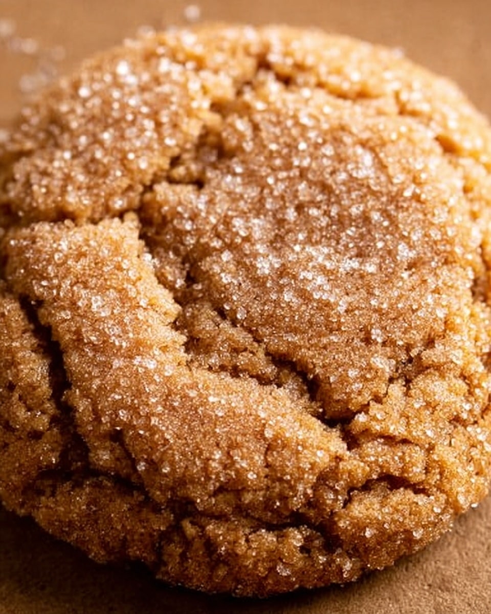 A close-up image of a single large cookie with a cracked, golden brown surface, sprinkled lightly with granulated sugar crystals that catch the light, showing a slightly rough texture. The cookie appears thick and soft in the middle with darker golden edges that look crisp and well baked. The cookie rests on a textured light brown woven mat, with a faint hint of sugar granules around its base. The background is a white marbled texture. photo taken with an iphone --ar 4:5 --v 7