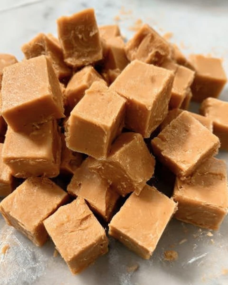 The image shows many small square pieces of light brown fudge piled closely on a clear surface. Each fudge piece has smooth edges and a creamy texture with some slight cracks visible. The fudge looks soft and dense, suggesting a rich and sweet treat. The background is a white marbled texture. Photo taken with an iphone --ar 4:5 --v 7