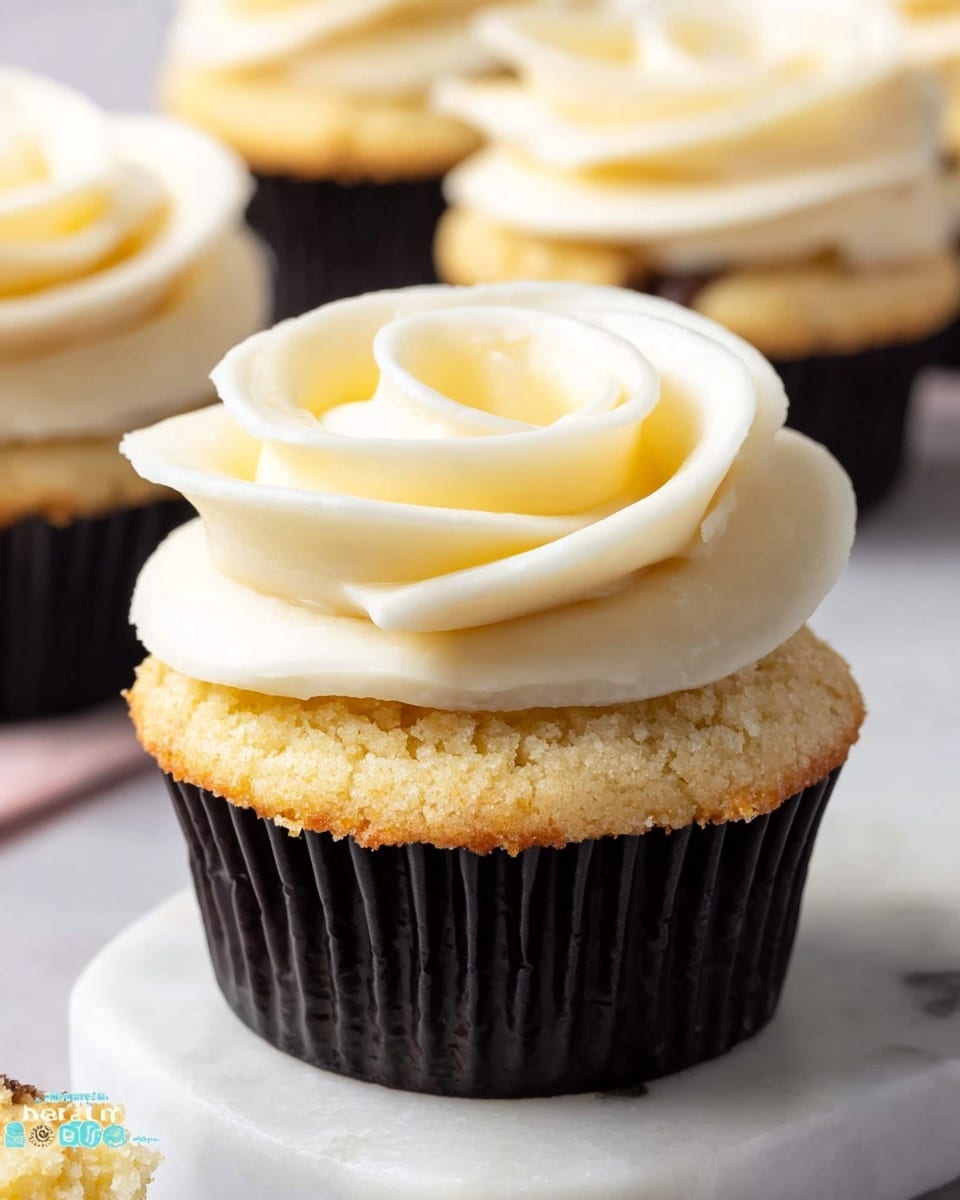 The image shows a single vanilla cupcake with a light yellow cake base and a swirl of smooth, creamy white frosting on top, designed to look like a rose. The cupcake is placed in a black paper liner, which contrasts with the soft colors of the cake and frosting. The background has a soft, out-of-focus pattern with blue and purple shades, and the cupcake sits on a white marbled surface. photo taken with an iphone --ar 4:5 --v 7