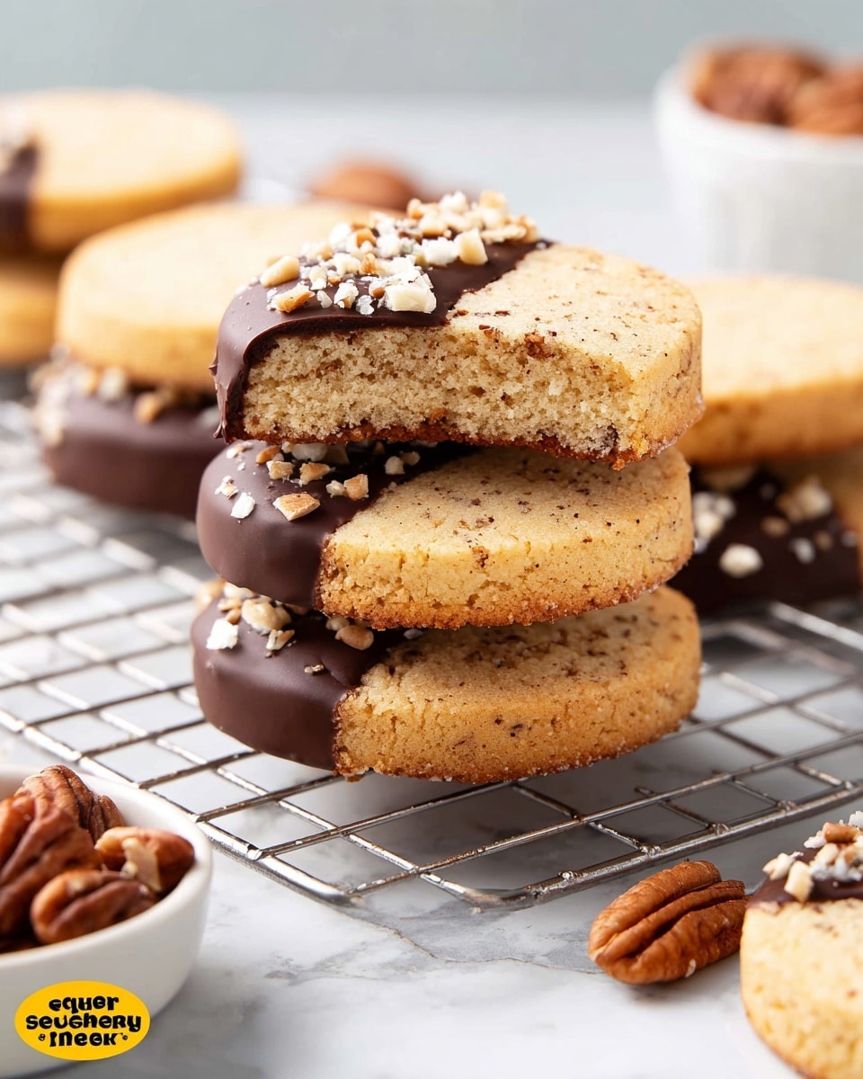 The image shows a stack of three round shortbread cookies on a white cooling rack placed on a white marbled surface. Each cookie is golden brown with a crumbly texture. The top cookie in the stack is half-dipped in a thick, glossy dark chocolate coating sprinkled with small chopped nuts and white flakes. Surrounding the stack are more plain golden cookies and some cookies with the same chocolate half-dipped and nut topping. A small white bowl with pecans is partly visible in the lower left corner. photo taken with an iphone --ar 4:5 --v 7