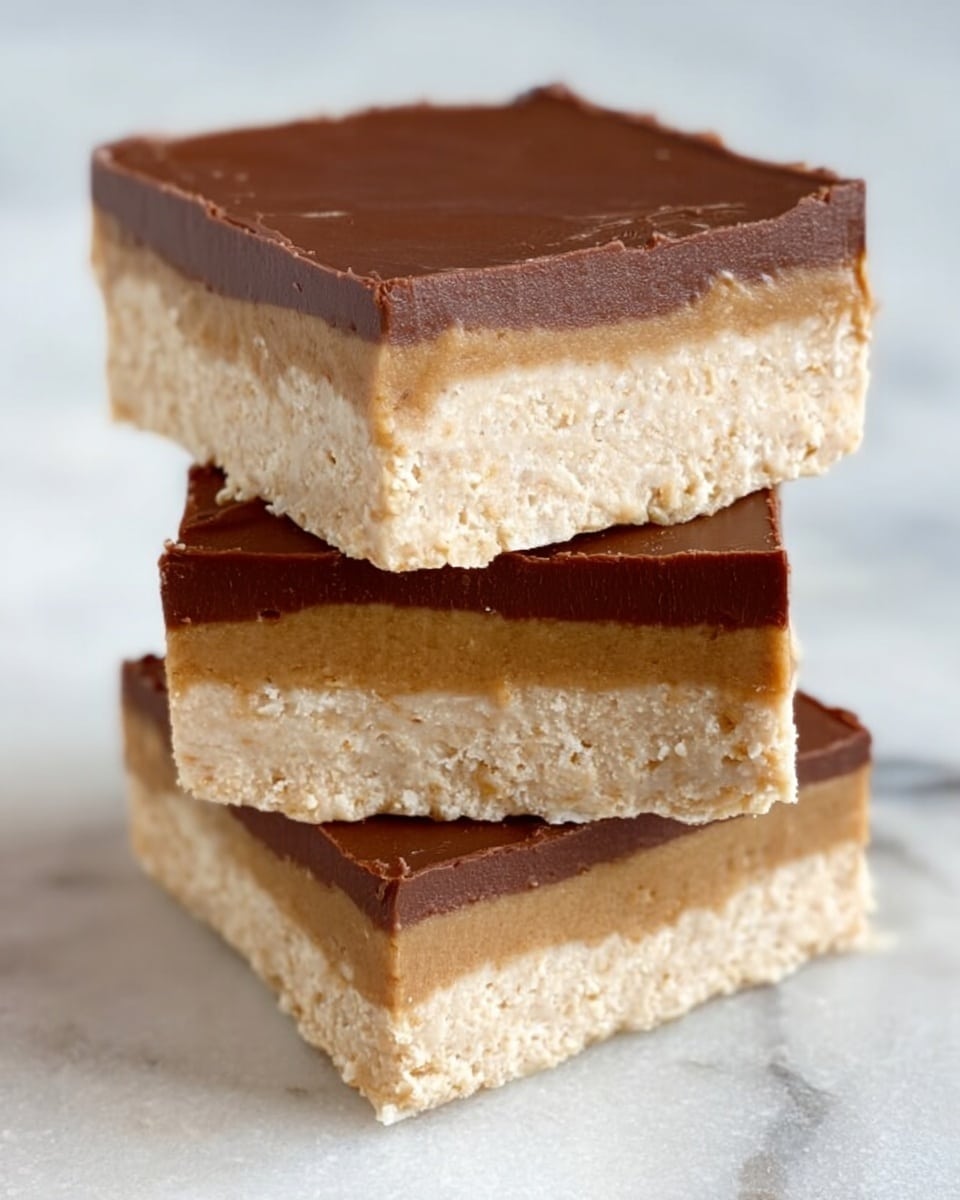 The image shows three thick rectangular bars stacked vertically on a white marbled surface. Each bar has two layers: a smooth, thick light tan base with a slightly grainy texture, and a thinner, glossy dark brown layer on top that looks firm and even. The bars are neatly cut with clean edges, highlighting the clear separation between the layers. Photo taken with an iphone --ar 4:5 --v 7