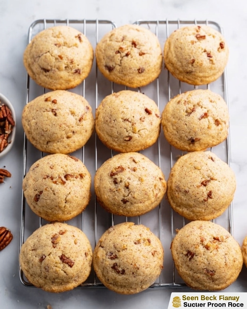 The image shows twelve round, golden-brown pecan cookies arranged in three rows on a silver cooling rack. Each cookie is slightly cracked on the top with small pieces of pecans visible within the soft, crumbly texture. The cooling rack is placed on a white marbled surface, and there are a few pecan pieces scattered casually around the cookies, adding a touch of rustic charm. The lighting highlights the warm color and texture of the cookies, making them look fresh and inviting. photo taken with an iphone --ar 4:5 --v 7