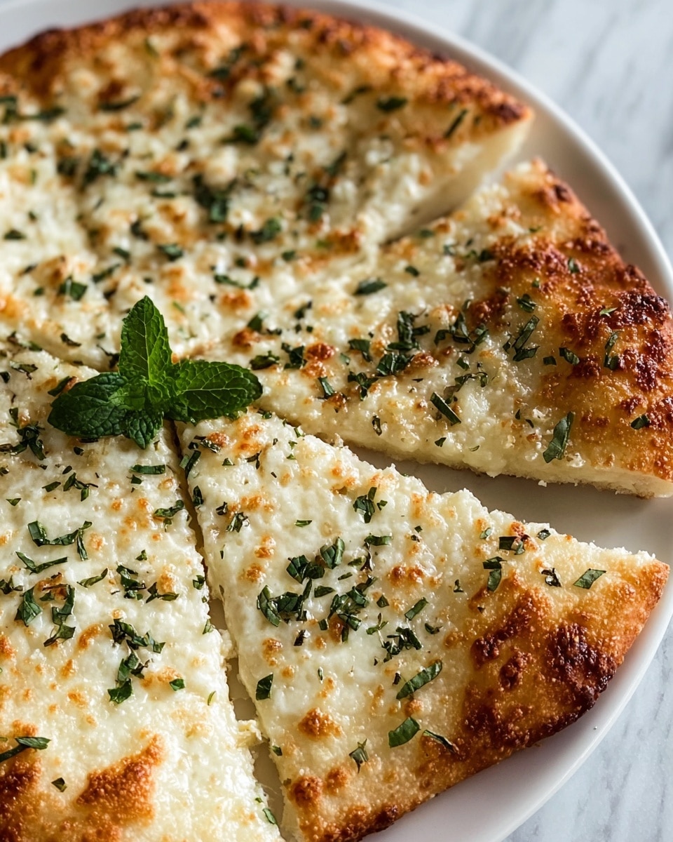 The image shows a close-up of a sliced white pizza on a white plate resting on a white marbled surface. The pizza has one visible layer with a golden-brown, bubbly crust. The top is covered with melted white cheese that has browned spots scattered around, creating a crispy texture. Small bits of green herbs are sprinkled evenly across the cheese, adding a fresh contrast, and a small garnish of fresh green basil leaves is placed near the top right of the pizza. The pizza is cut into six triangular slices. photo taken with an iphone --ar 4:5 --v 7