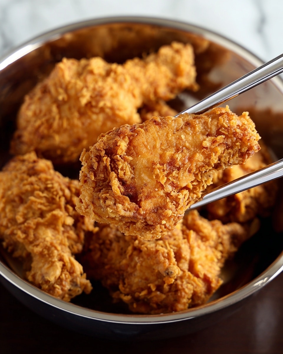 A shiny silver metal bowl filled with about seven pieces of golden brown fried chicken, each with a rough, crunchy texture showing detailed breading. The piece in the foreground is held by silver chopsticks, showing its uneven crispy coating and slightly different shades of golden brown. The background has a soft focus on the other fried chicken pieces piled loosely inside the bowl, all resting on a white marbled surface. photo taken with an iphone --ar 4:5 --v 7