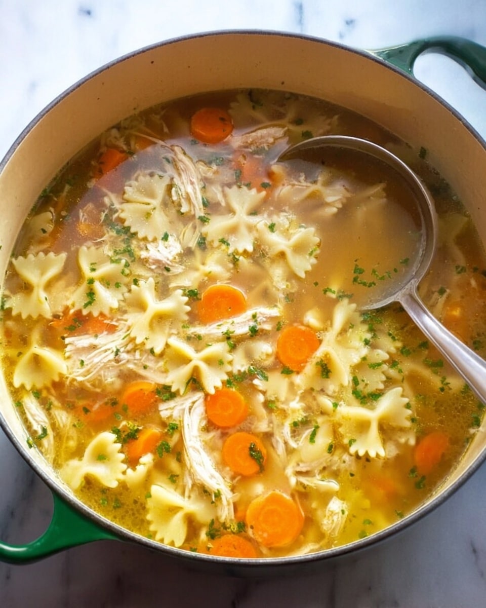 A close-up image of a green pot filled with clear chicken soup containing three main layers: at the bottom, there are small pieces of shredded chicken, followed by bright orange carrot slices scattered evenly, and light yellow bow-tie pasta floating on the surface surrounded by broth with tiny bits of green herbs sprinkled throughout. A silver ladle is partially submerged on the right side of the pot, resting on the edge. The pot is set on a white marbled surface. Photo taken with an iphone --ar 4:5 --v 7