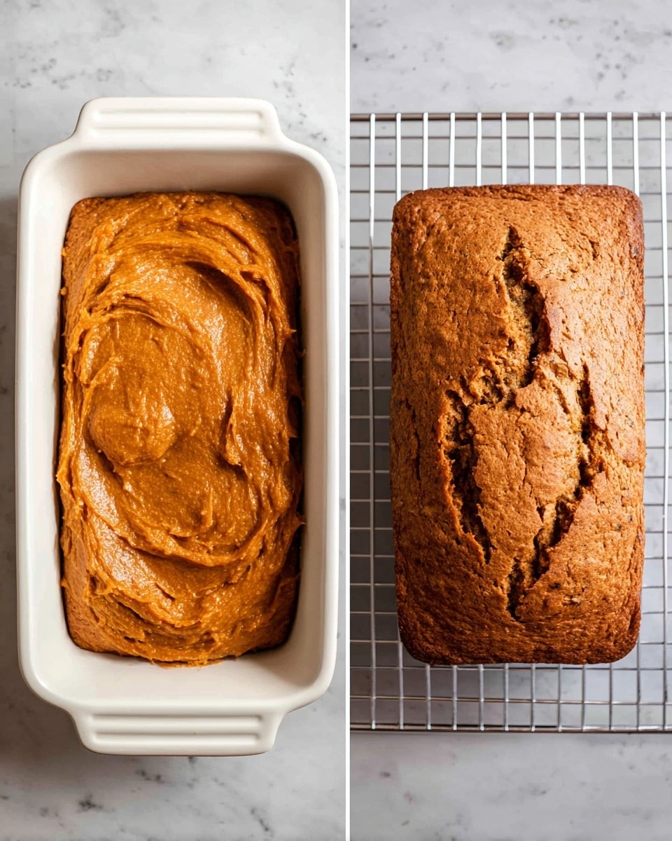 The image shows two parts side by side on a white marbled surface. On the left, there is a white rectangular baking dish filled with thick, smooth, brown batter that has some swirled texture on top. On the right, there is a golden-brown baked loaf with a cracked top and rough texture, placed on a wire cooling rack. The loaf has an oval shape with darker brown areas in the cracks, showing it is fully baked. photo taken with an iphone --ar 4:5 --v 7
