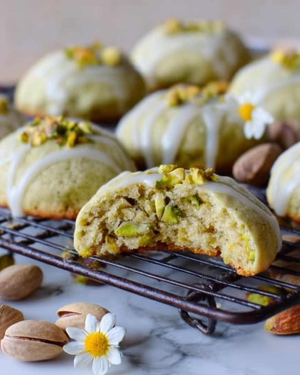 The image shows several round pistachio cookies with a light green color and a smooth, white glaze on top, arranged on a black metal cooling rack set against a white marbled surface. The front cookie has a bite taken out of it, revealing a soft, crumbly texture inside with green crumbs and small nut pieces. Around the rack, there are a few whole pistachio nuts and a small white and yellow flower adding a decorative touch. The overall look is fresh and inviting with soft natural lighting. photo taken with an iphone --ar 4:5 --v 7