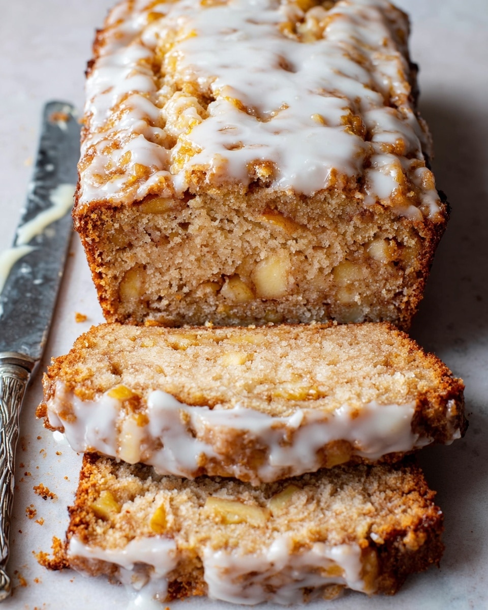 A close-up image of three thick slices of a crumbly yellow cake with chunks of fruit inside, likely apple, layered unevenly; the top of the cake is covered by an uneven white glaze that drips slightly over the edges, showing a mix of rough and soft textures, all presented on a white marbled surface with a knife smeared with glaze placed to the right side. photo taken with an iphone --ar 4:5 --v 7