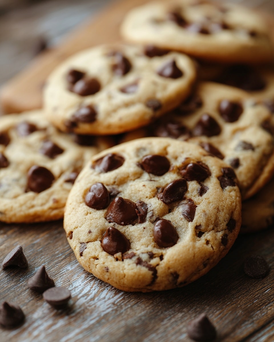 A close-up of several freshly baked chocolate chip cookies resting on a wooden surface, each cookie showing one layer of golden-brown dough with numerous glossy, dark brown chocolate chips embedded throughout. The cookies have a slightly soft texture with some cracks visible, and a few loose chocolate chips are scattered around them. The background is softly blurred, focusing on the cookies' round shapes and rich chocolate details, all set on a white marbled texture. photo taken with an iphone --ar 4:5 --v 7