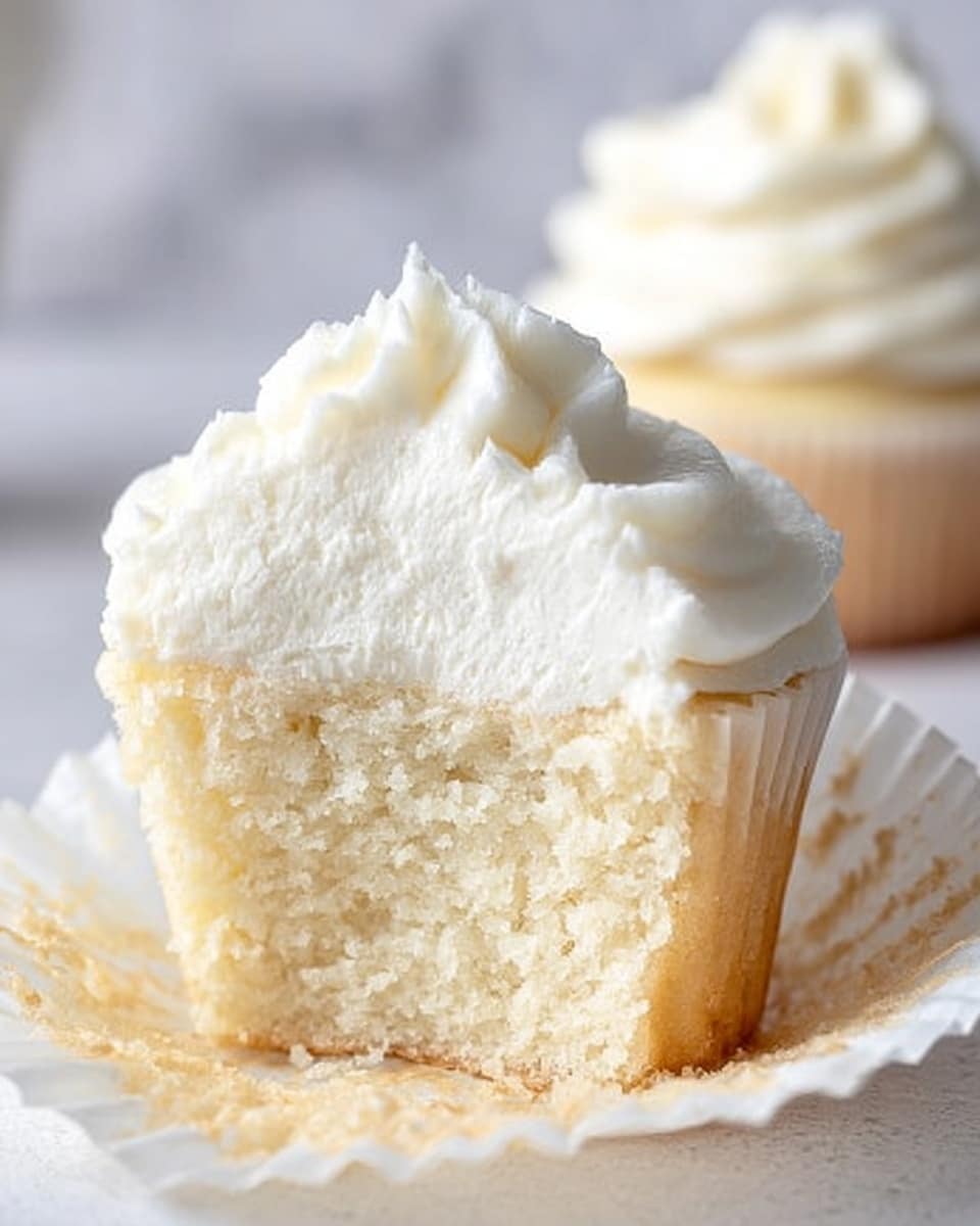 The image shows a close-up of a vanilla cupcake cut in half, revealing a soft and light pale yellow cake layer inside. On top of the cake is a thick layer of smooth, white frosting with gentle swirls and peaks. The cupcake liner is white and slightly peeled back, resting on a white marbled surface. In the blurred background, there is another whole cupcake with the same frosting on a white marbled texture. Photo taken with an iphone --ar 4:5 --v 7