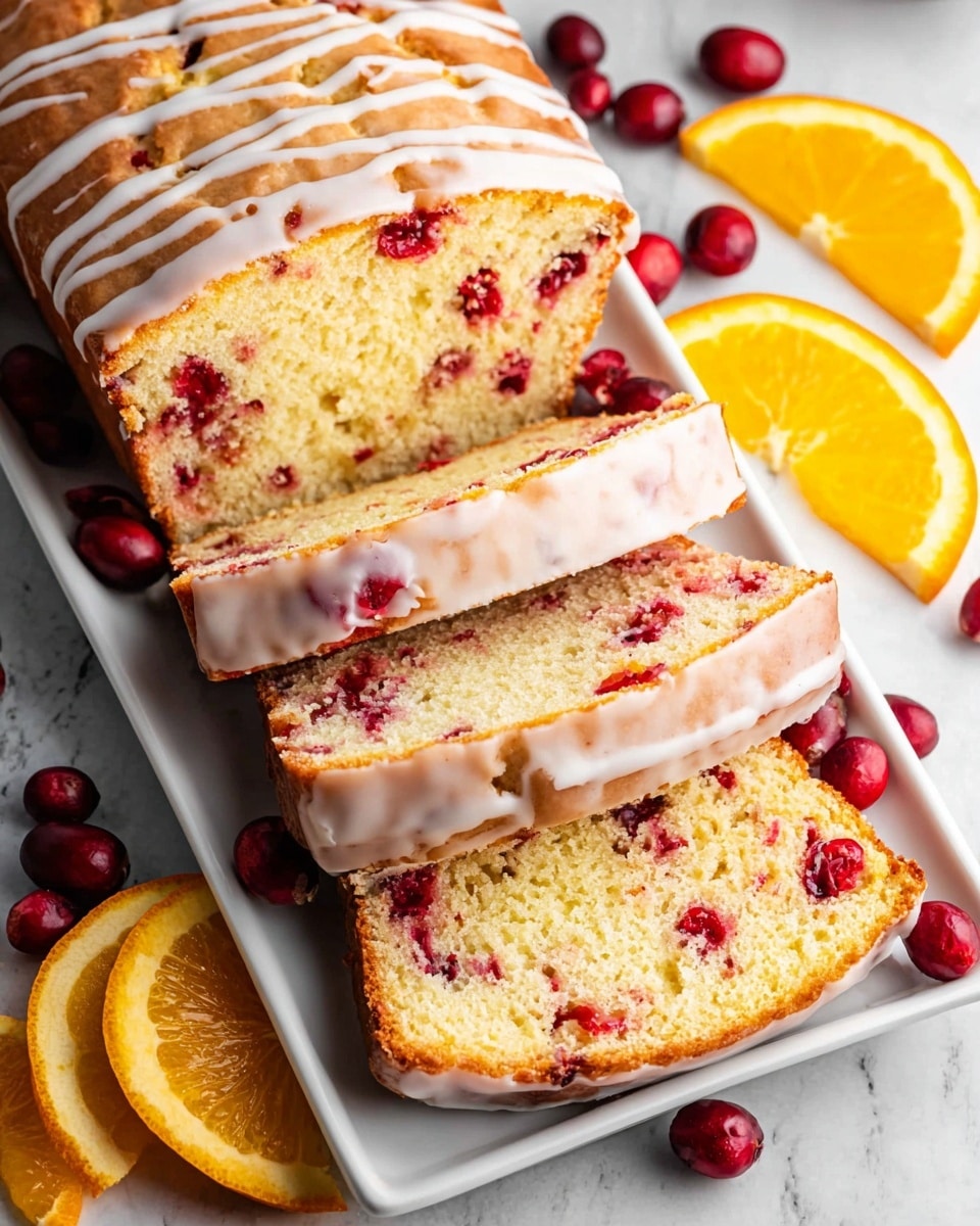 A white rectangular plate holds a sliced loaf cake with a golden brown crust and light yellow interior studded with bright red cranberries throughout. The top of the cake is drizzled with a creamy white glaze, adding a smooth texture that contrasts with the moist crumb. The plate is placed on a white marbled surface, scattered around with whole cranberries and bright orange slices showing their juicy, textured flesh. Photo taken with an iphone --ar 4:5 --v 7
