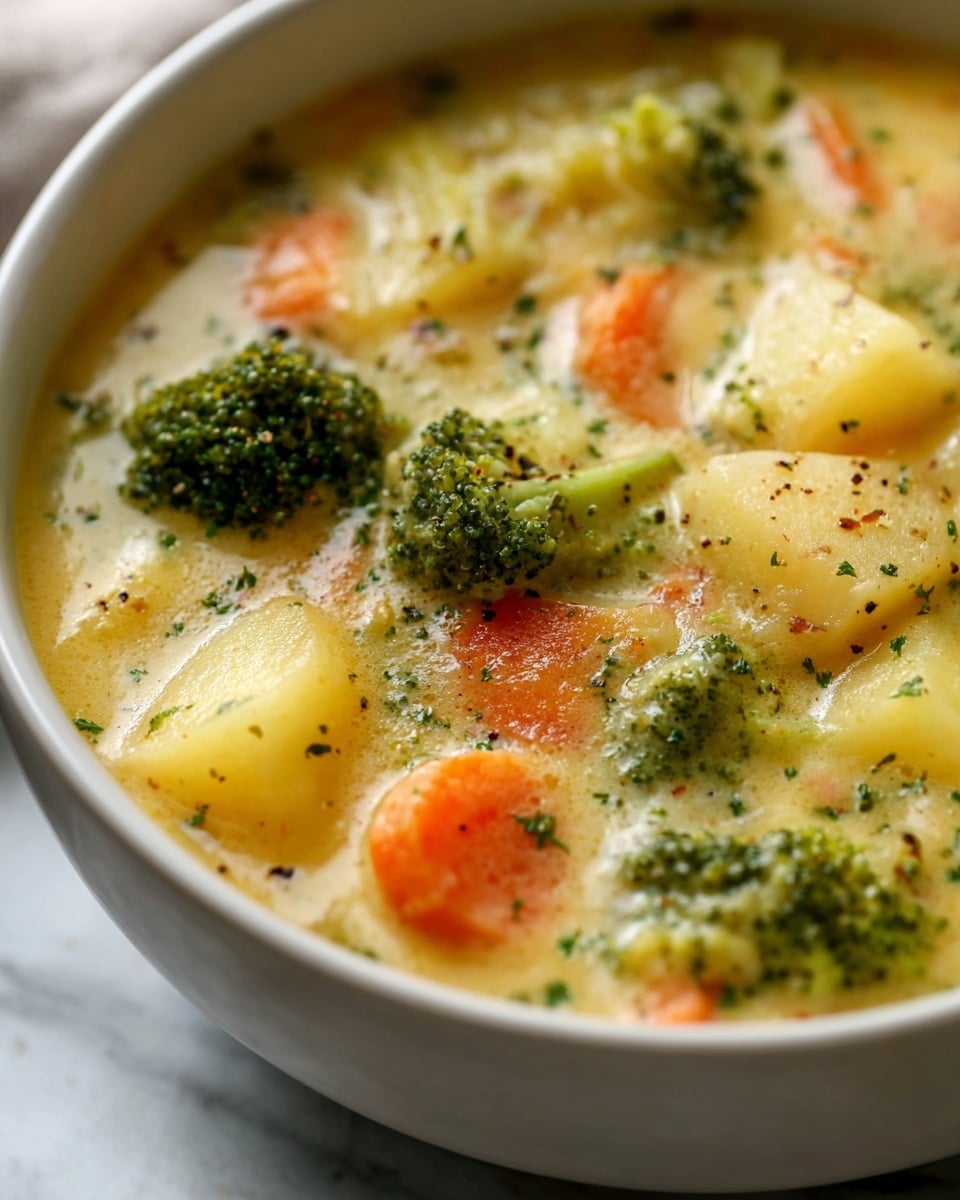 A close-up view of a creamy vegetable soup in a white bowl, filled with visible chunky layers of green broccoli florets, orange carrot slices, and pale yellow potato pieces, all mixed in a thick, light yellow broth speckled with black pepper and small green herbs, giving it a rich and hearty texture. The soup surface shows a soft, smooth creaminess with some chunks softly blending into the liquid, and the bowl sits on a white marbled texture photo taken with an iphone --ar 4:5 --v 7