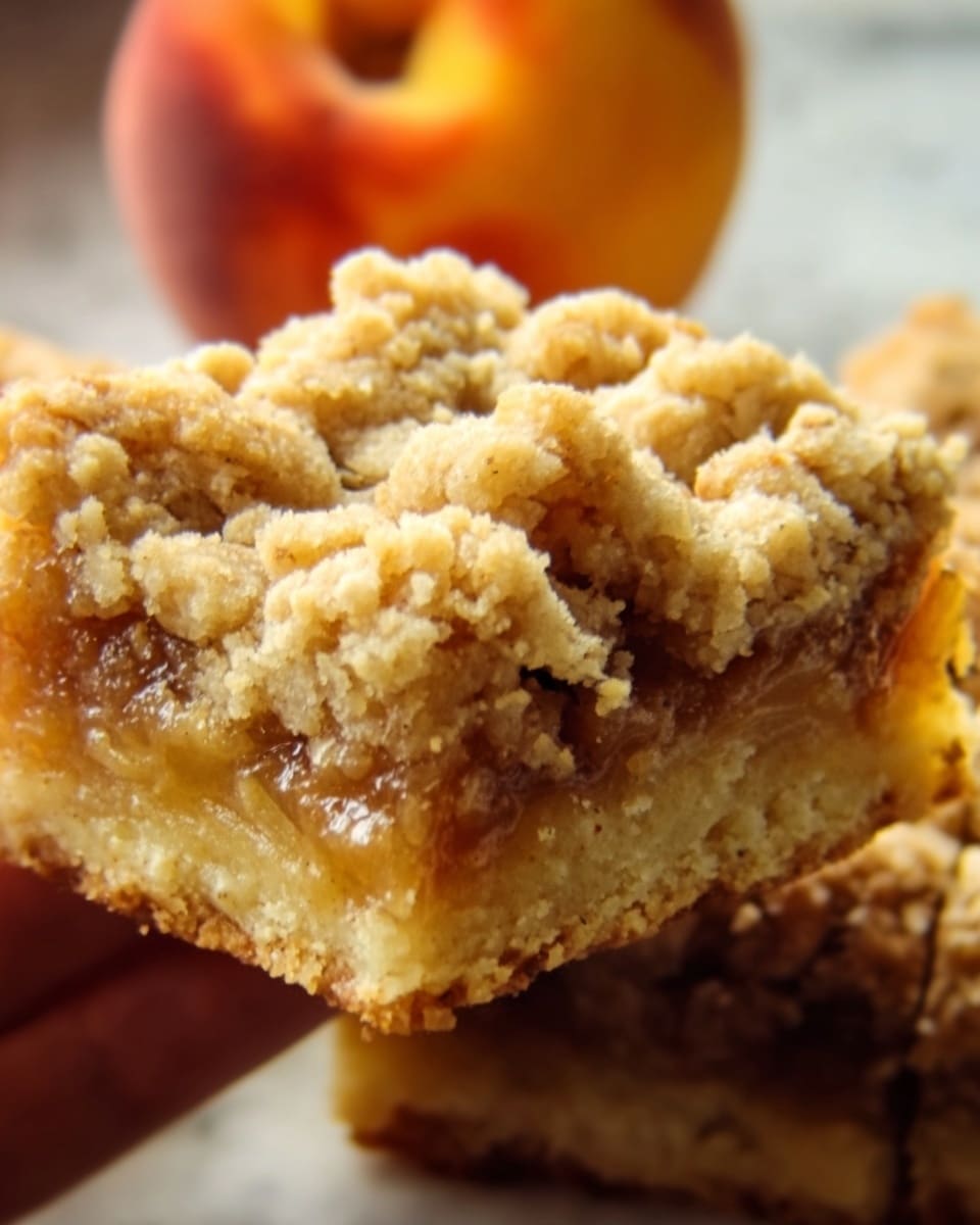 The image shows a close-up of a square piece of crumb cake with three visible layers on a white marbled surface. The bottom layer is a thick, light golden brown crust with a firm texture. The middle layer is a slightly darker, softer filling with a cinnamon color and smooth texture. The top layer is a crumbly, pale beige streusel topping with a rough, uneven texture, giving a crunchy look. In the background, a blurred orange apple is partially visible. Photo taken with an iphone --ar 4:5 --v 7