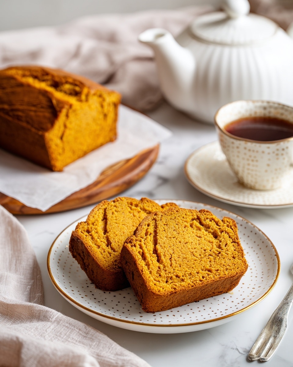 Two slices of moist pumpkin bread with a rich orange-brown color and a soft, slightly textured surface sit on a white plate with small black polka dots and a thin gold rim, placed in the center of the image. Behind the plate, a white patterned teapot with a brown handle and a cup of dark tea in a matching white cup and saucer with black dots and a gold rim are visible on a white marbled surface. To the left, a loaf of the pumpkin bread partly cut rests on crinkled white parchment paper on a wooden board. A silver fork lies in the foreground on the right side of the plate. photo taken with an iphone --ar 4:5 --v 7